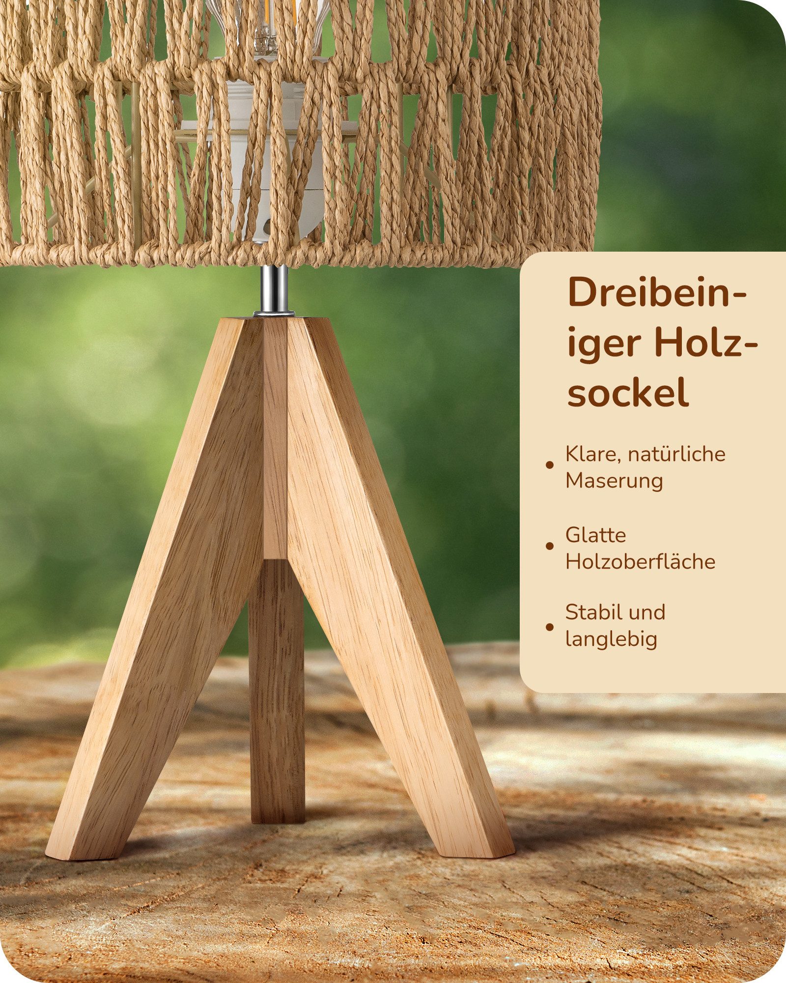EDISHINE LED Nachttischlampe mit Seil-Lampenschirm, vintage Dekolampe, LED wechselbar, Warmweiß, Tischlampe holz mit Leuchtmittel, Boho Tischleuchte für Schlafz – Bild 3 von 5