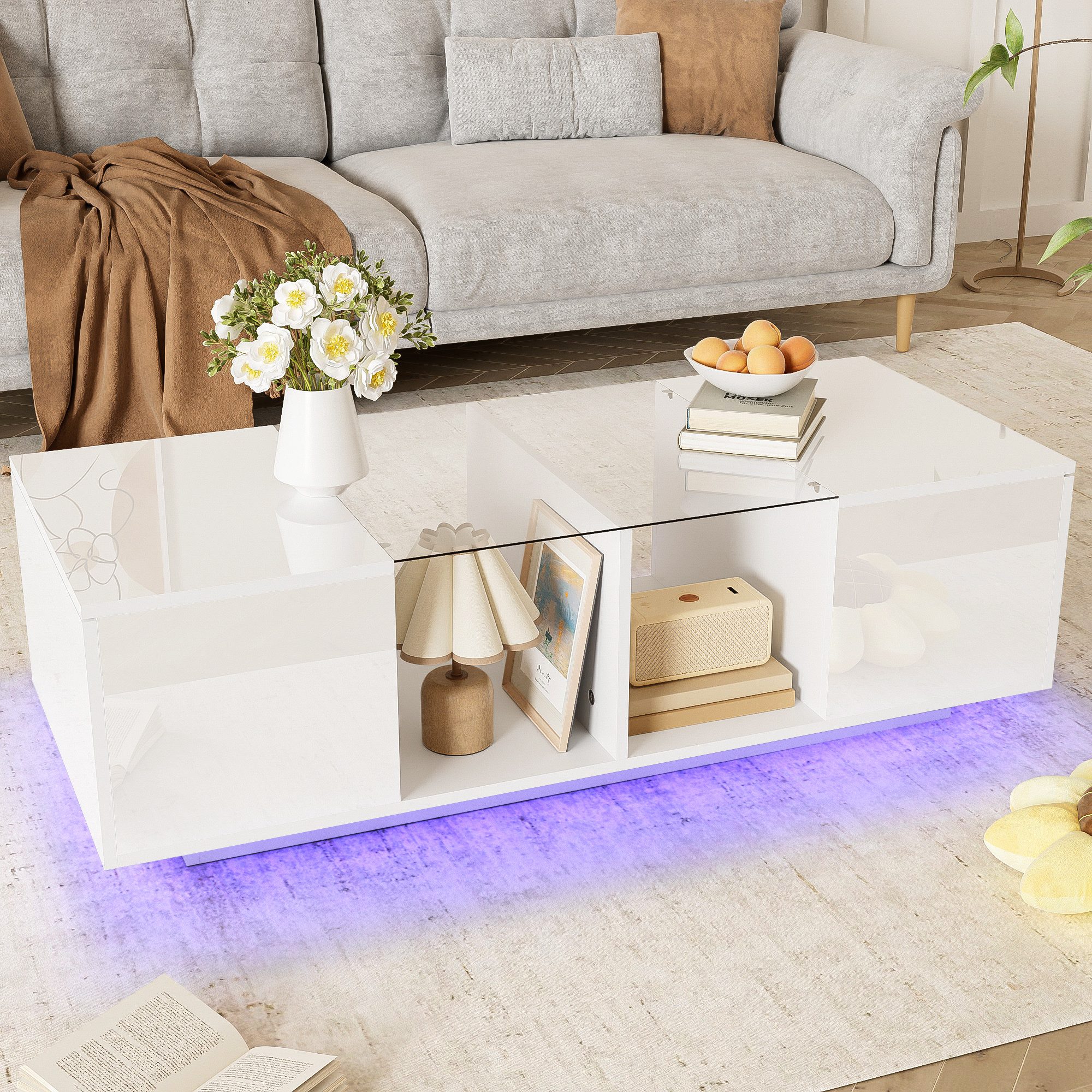 Merax Couchtisch hochglanz mit LED-Beleuchtung und Stauraum (mit offenem Stauraum), Wohnzimmertisch Beistelltisch mit Glastischplatte, Breit: 120cm
