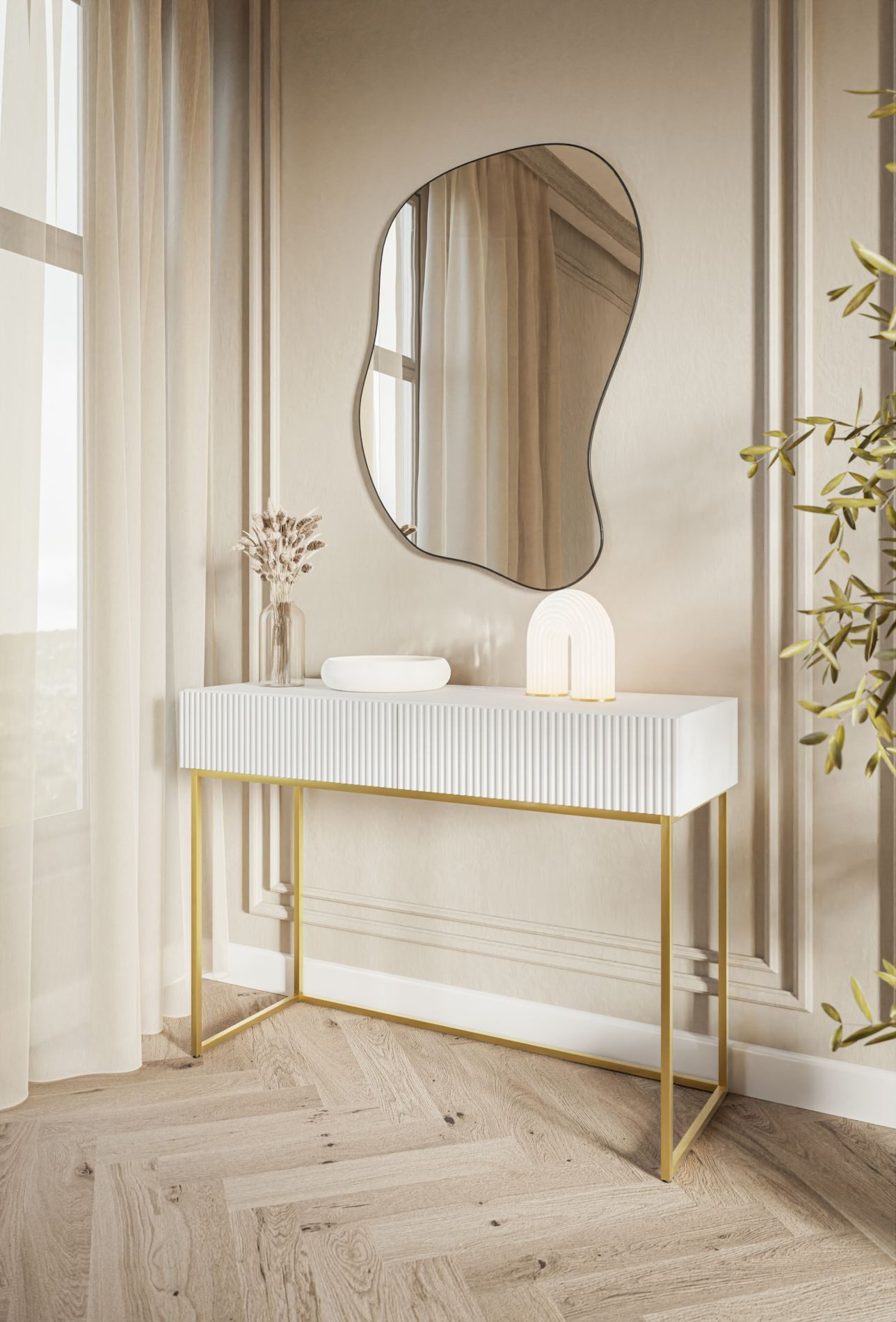 Selsey Schminktisch VELDIO, 2 Schubladen mit geriffelten Fronten, goldfarbe günstig online kaufen