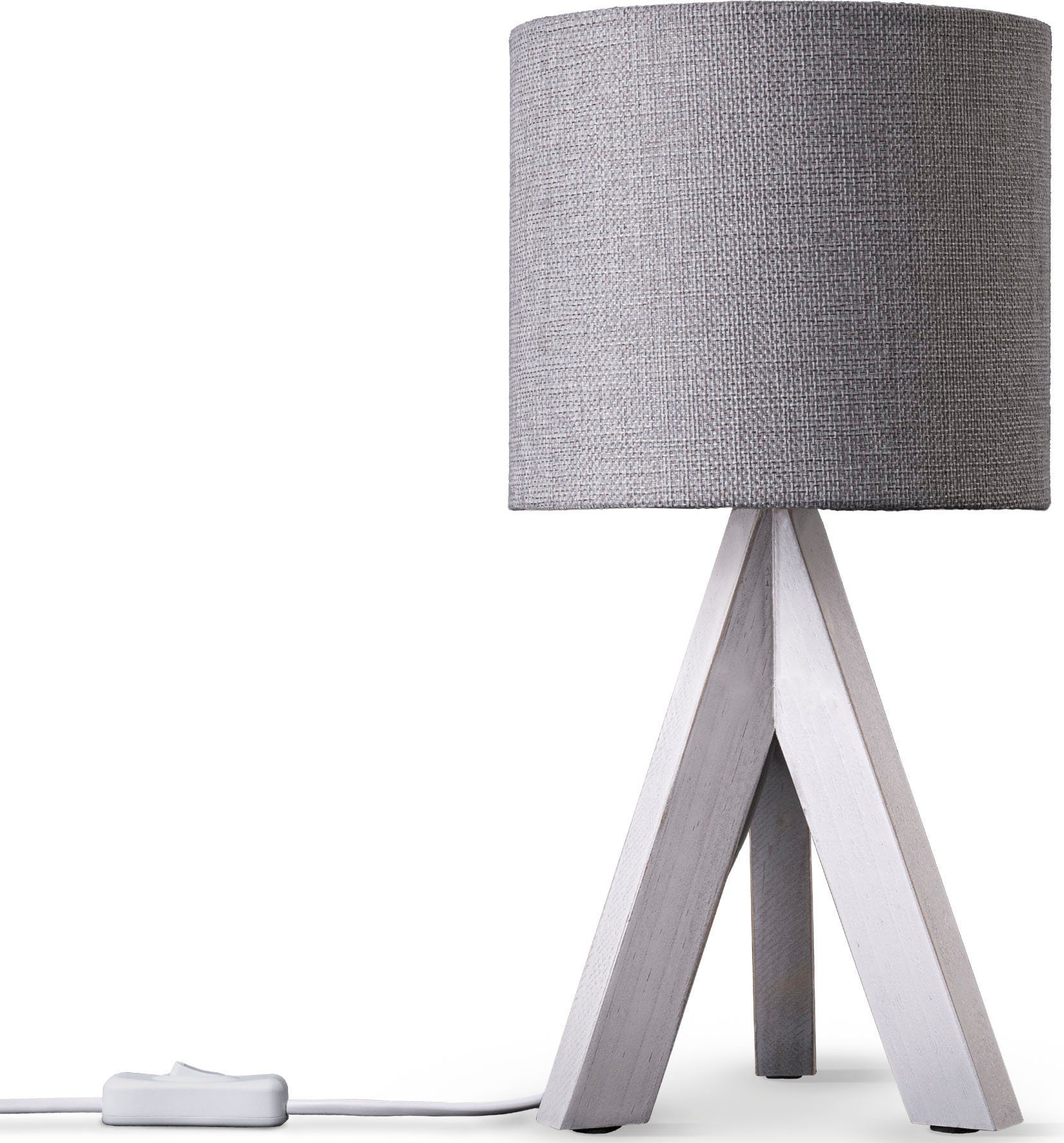 Paco Home Tischleuchte BAJO CANVAS UNI COLOR, ohne Leuchtmittel, Dreibein massiv Holz, Textilschirm uni Leinen, Ø 17 cm, H. 35 cm weiß grau | Tischlampen