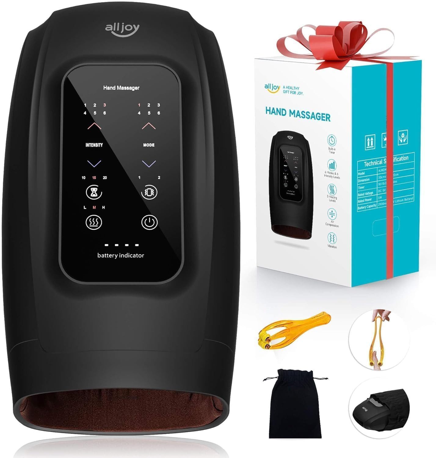 ALLJOY Massagegerät Handmassager mit Wärmekompression zur Schmerzlinderung für Arthritis, Luftkissen-Pressmassage,Wärmefunktion,Vibration, Ein-Tasten-Touchscreen,6 Programme,3 Heizstufen,2 Vibrationsstufen