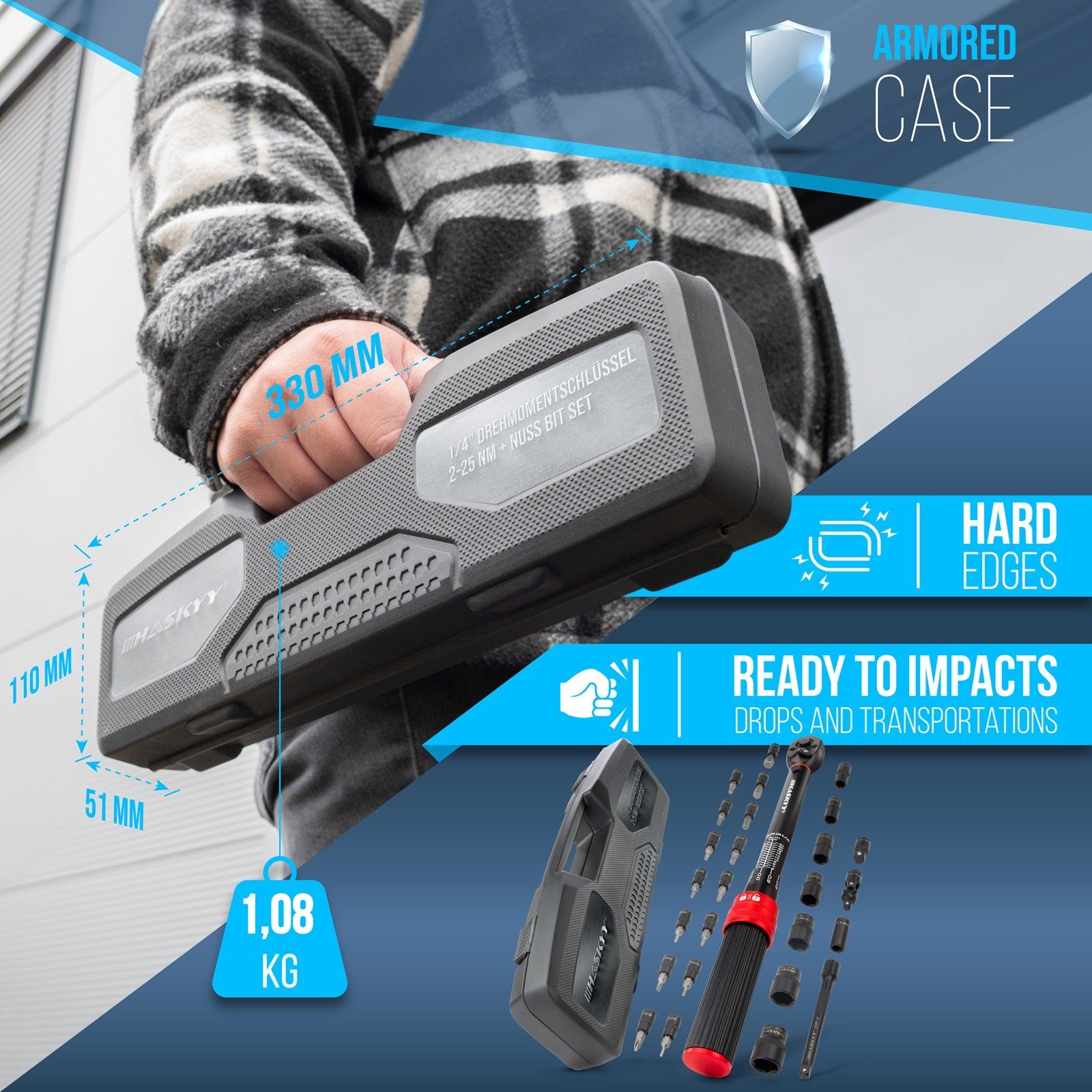 HASKYY Drehmomentschlüssel Drehmomentschlüssel Set 1/4" 2-25Nm mit Nüssen Bits Fahrrad Bike Motor