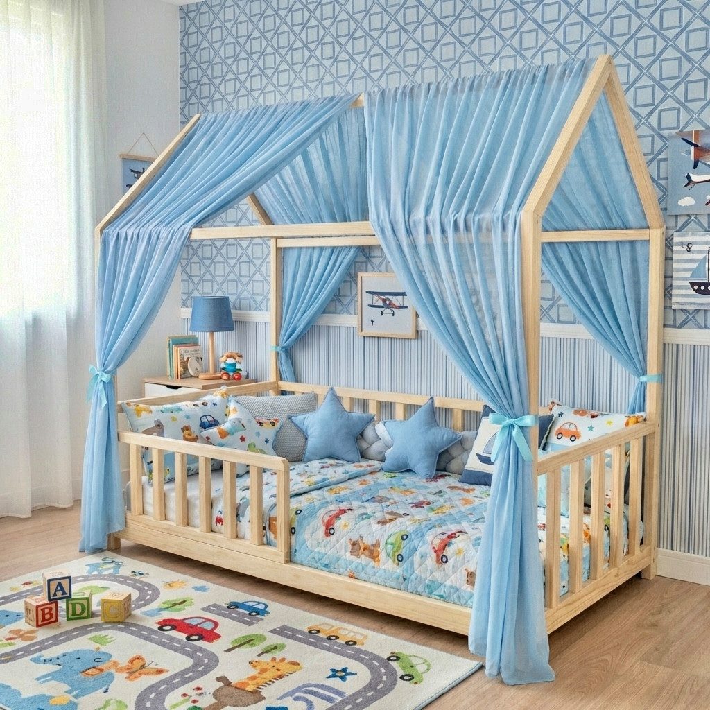 Baby Fancyroom Betthimmel Betthimmel Tüll Hausbett Kinderbett 2 Stück 340cm 380cm Montessori (3-tlg. Set mit 2x Betthimmel und einer 20er Pomponkette, Baldachin, Kinder Betthimmel Baldachin Himmel Deko Set), Betthimmel für Hausbett Montessori
