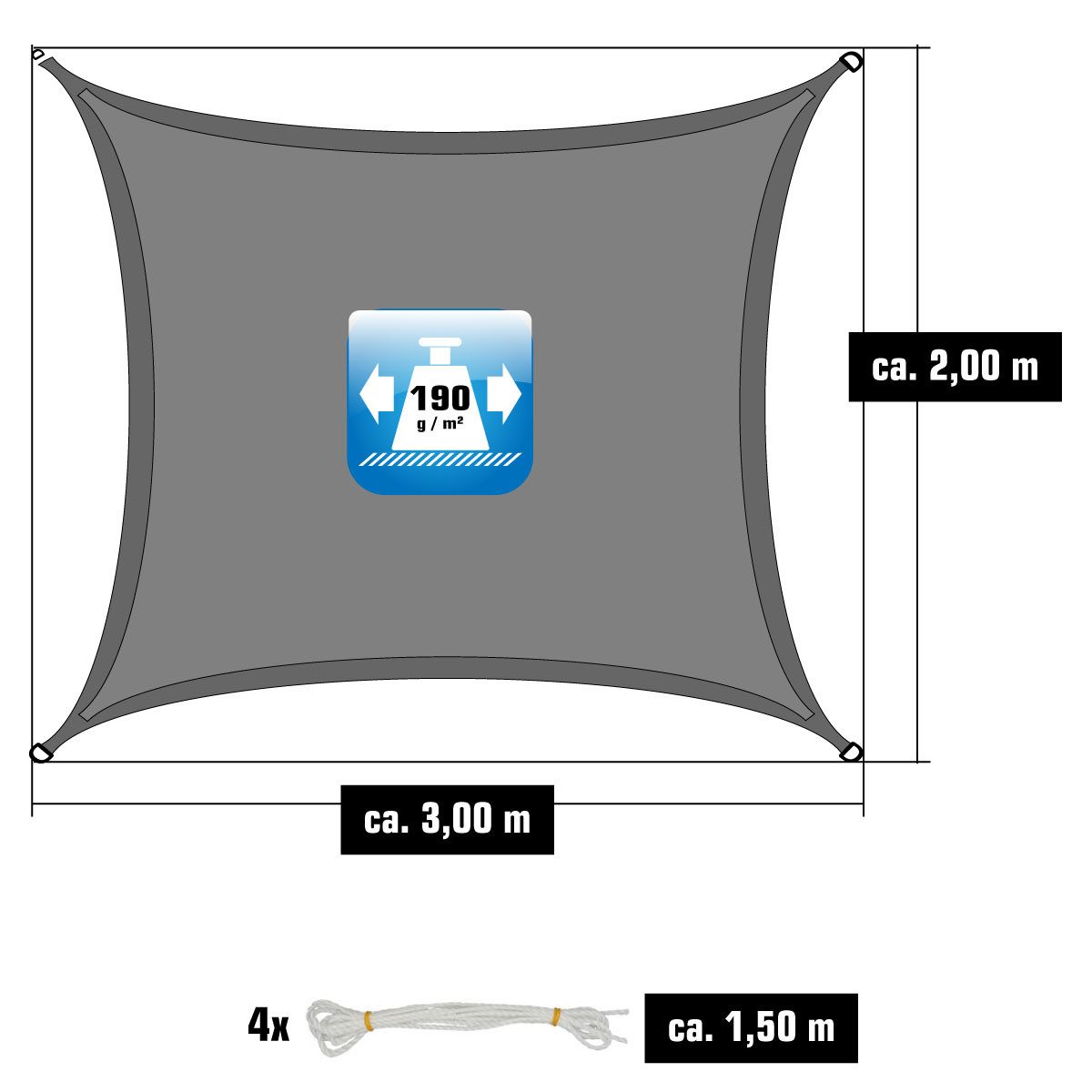 AMANKA Sonnensegel mit Befestigung - 3 x 2 m Wasserdicht - Sonnenschutz Garten & Balkon, Polyester Sonnenschutzsegel Rechteckig - Überdachung mit Regenschutz