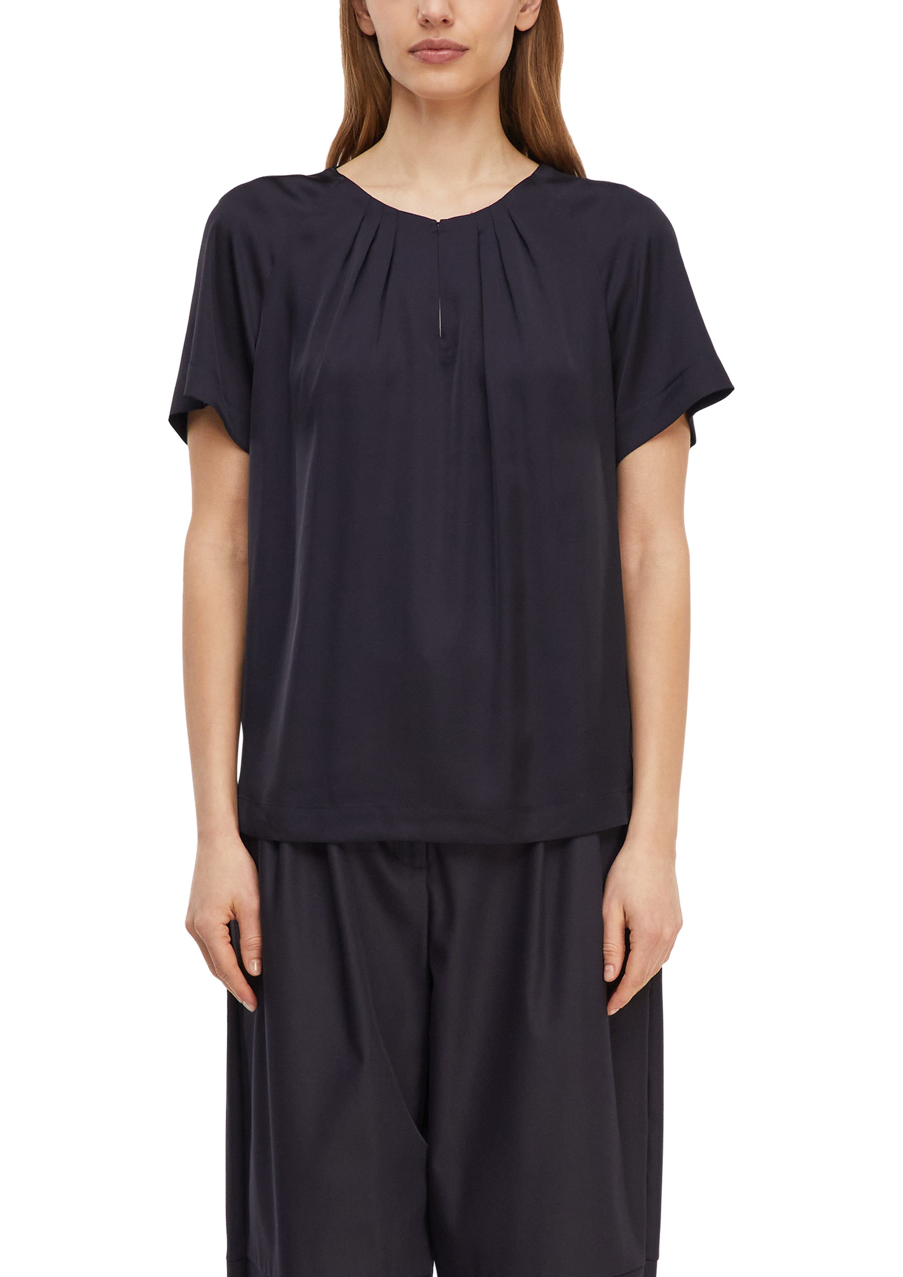 comma Kurzarmbluse Sommerbluse mit gerafftem Rundhals
