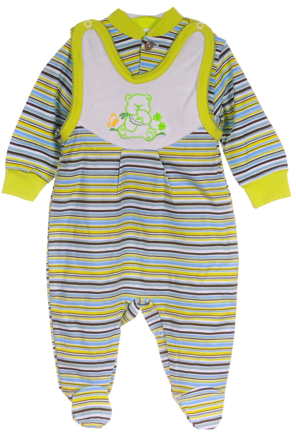La Bortini Strampler Baby Stramplerhose Hemdchen Set in Grün gestreift mit Bär aus reiner Baumwolle, 50 56 62 68 74
