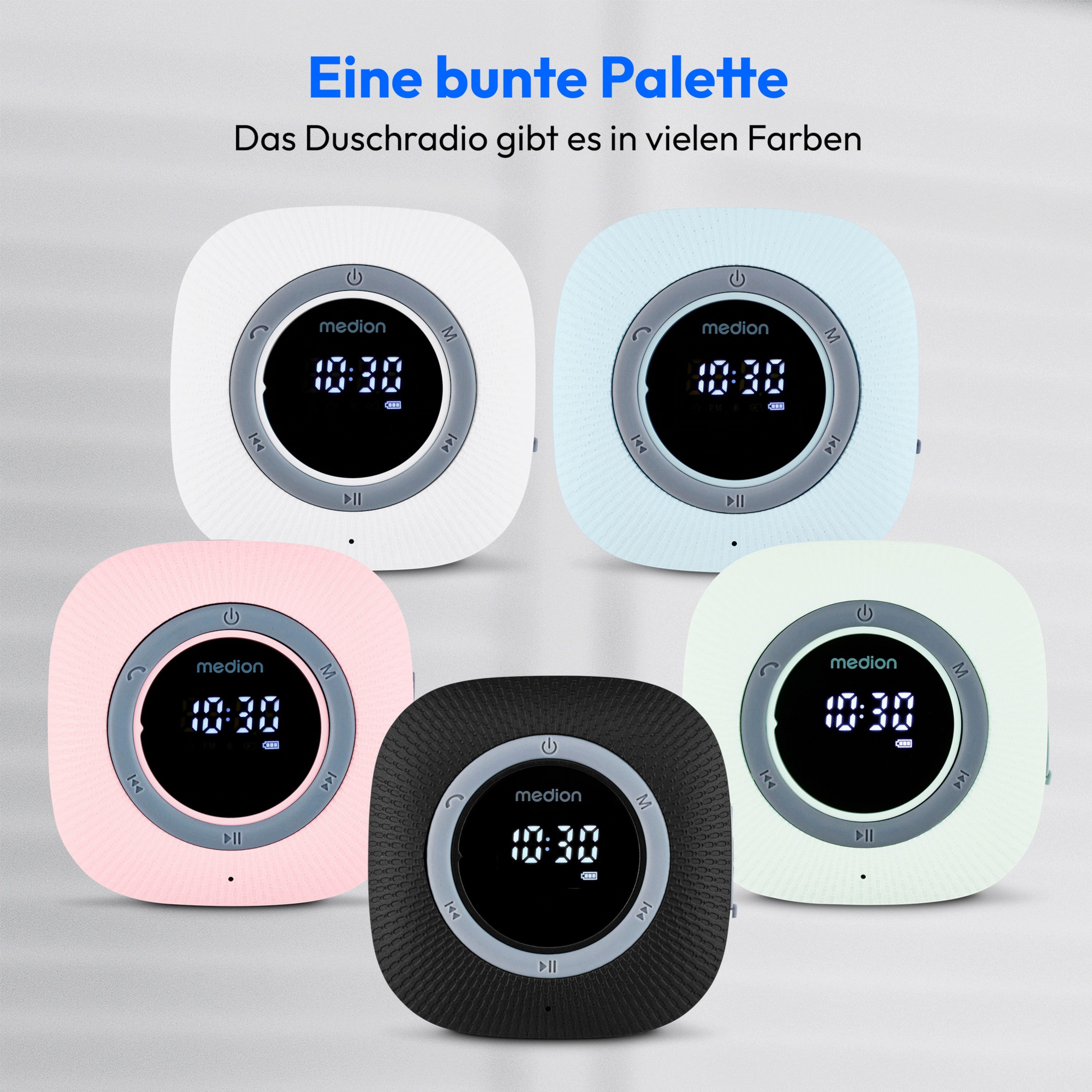 Medion® S66884 (MD 43884) Duschradio mit Bluetooth Radio (MW/UKW, 3 W, Saugnapf, LED-Display, IPX6 Wasserdicht, integrierter Akku, blau) – Bild 3 von 5