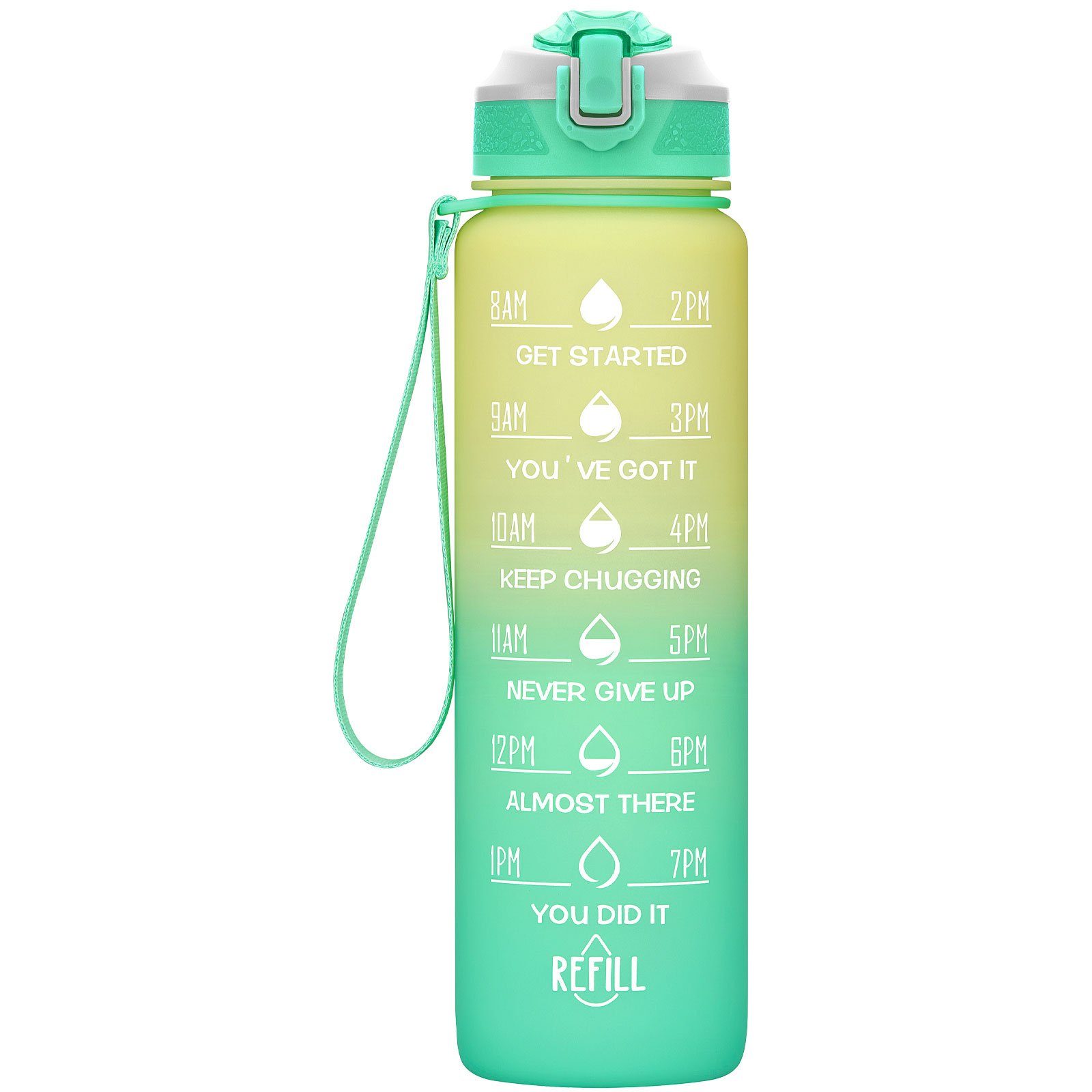 WISHDOR Trinkflasche Sport Wasserflasche Sportflasche Auslaufsicher 1 Liter BPA-Frei 1L, Zeitmarkierung und Strohhalm Fitness Outdoor Camping Fahrrad Wandern Gelb/Grün