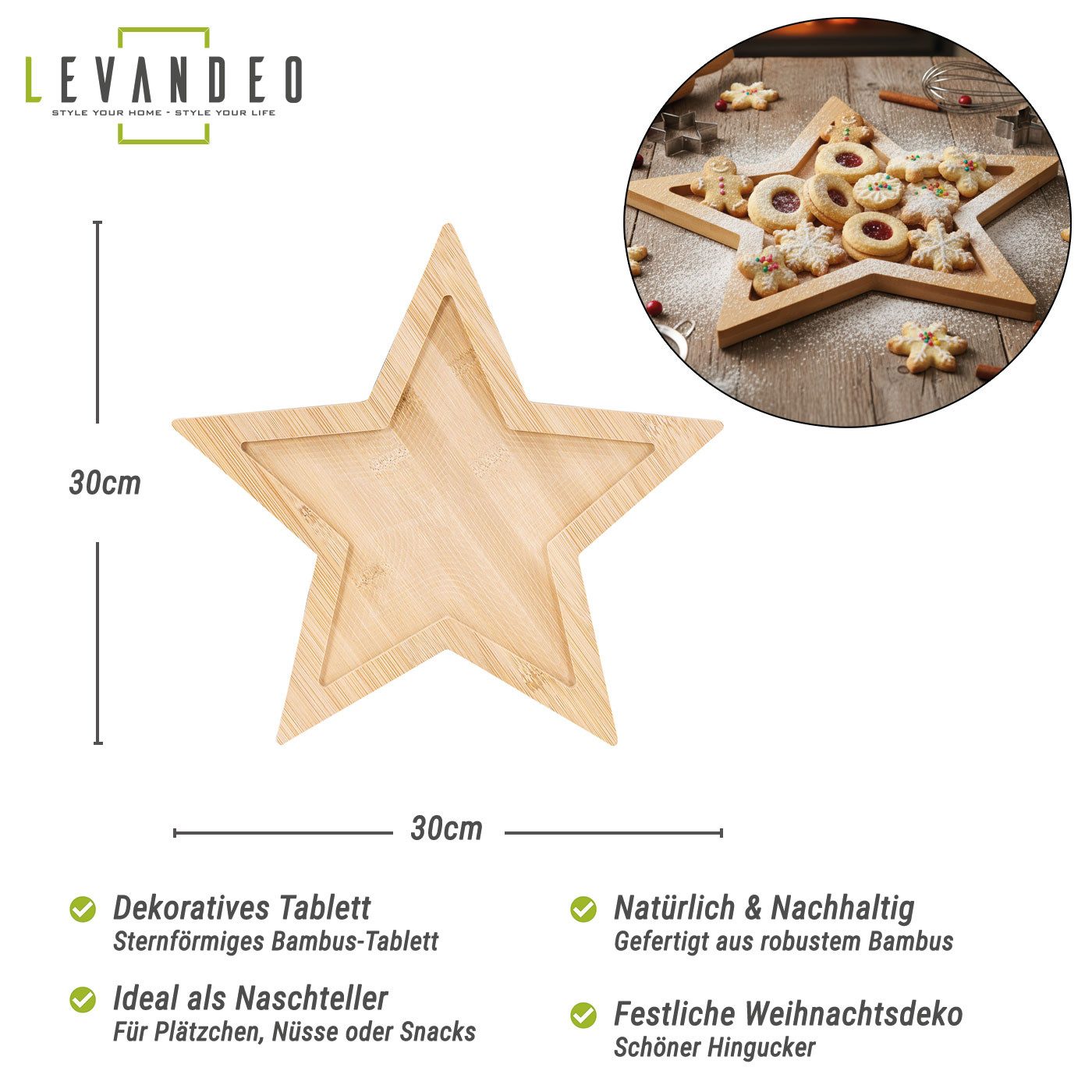 Levandeo® Dekoschale, Holztablett Stern 30cm Bambusholz günstig online kaufen