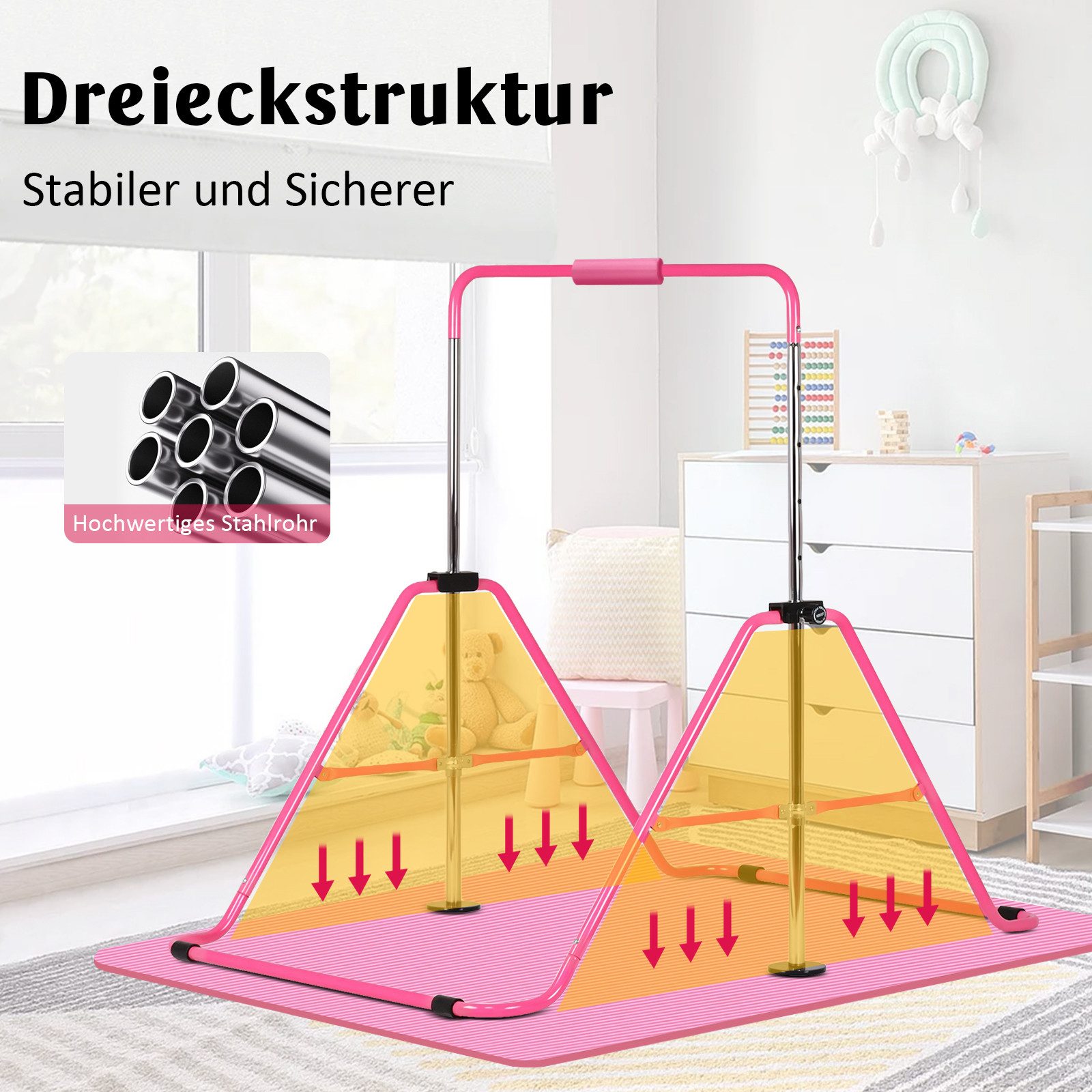 Hausright Turnreck Gymnastikstange für Kinder, Turnstange ab 3 Jahre, 88-128cm, (Gymnastikstange mit Gymnastikmatte, Reckstange, Matte, Polster, Schaukel & 2 Ringen), Verstellbaren Höhen Faltbare Reckstange Reckanlage