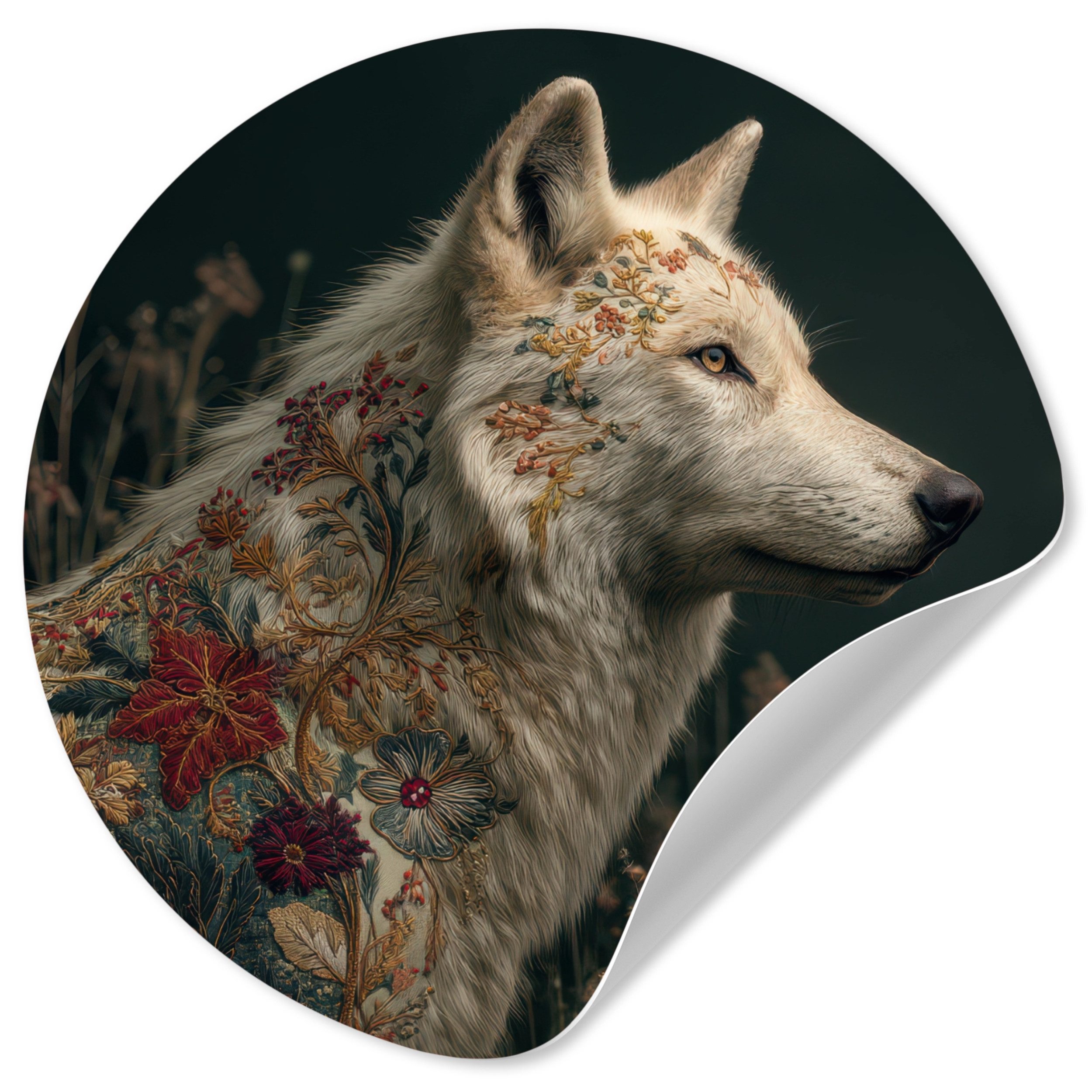MuchoWow Wandsticker Wolf - Blumen - Natur (1 St), Wandtattoo Selbstklebend, Wohnzimmer Deko Aufkleber, 30x30 cm