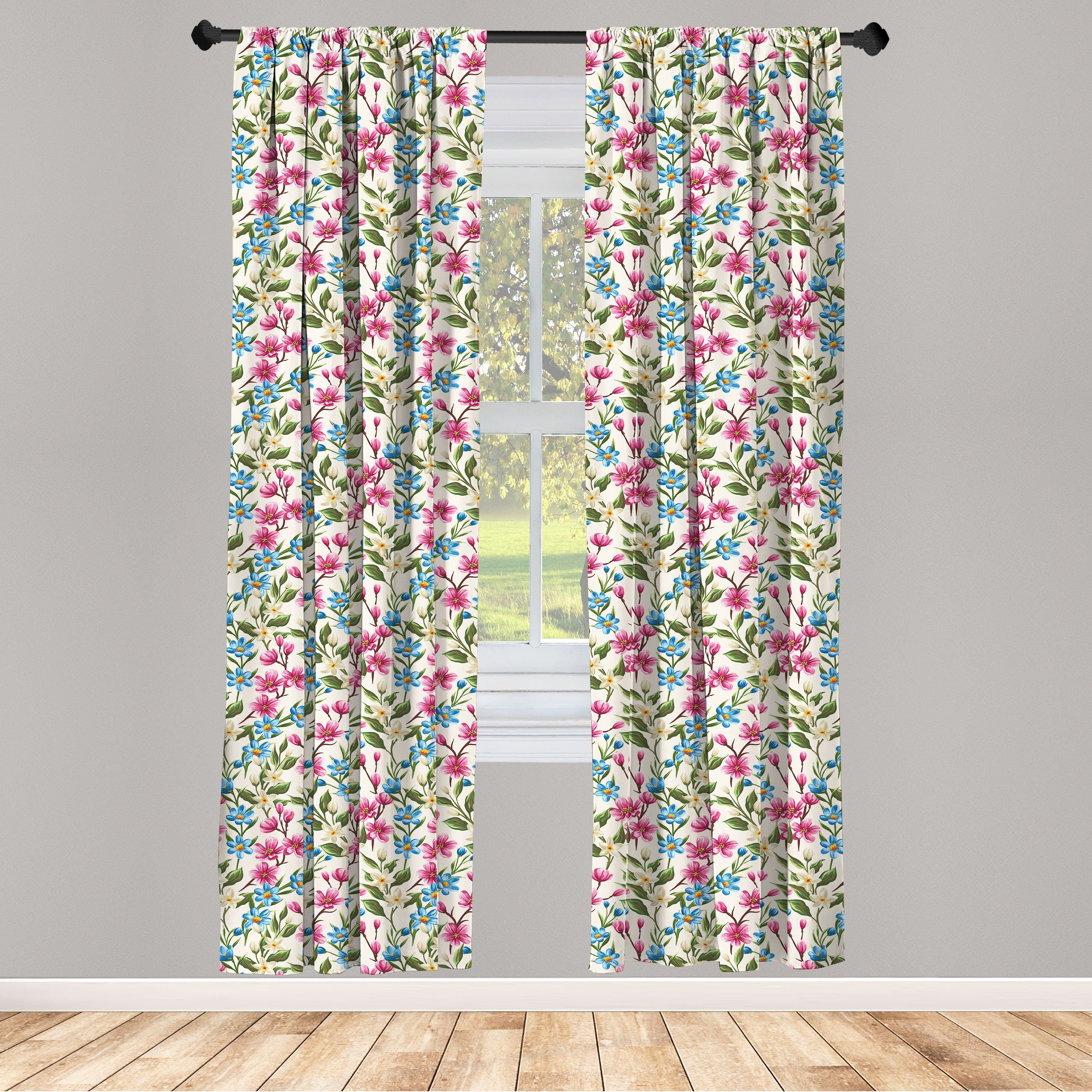Gardine Vorhang für Wohnzimmer Schlafzimmer Dekor, Abakuhaus, Microfaser, Blume Shabby Pflanzenblätter Knospen