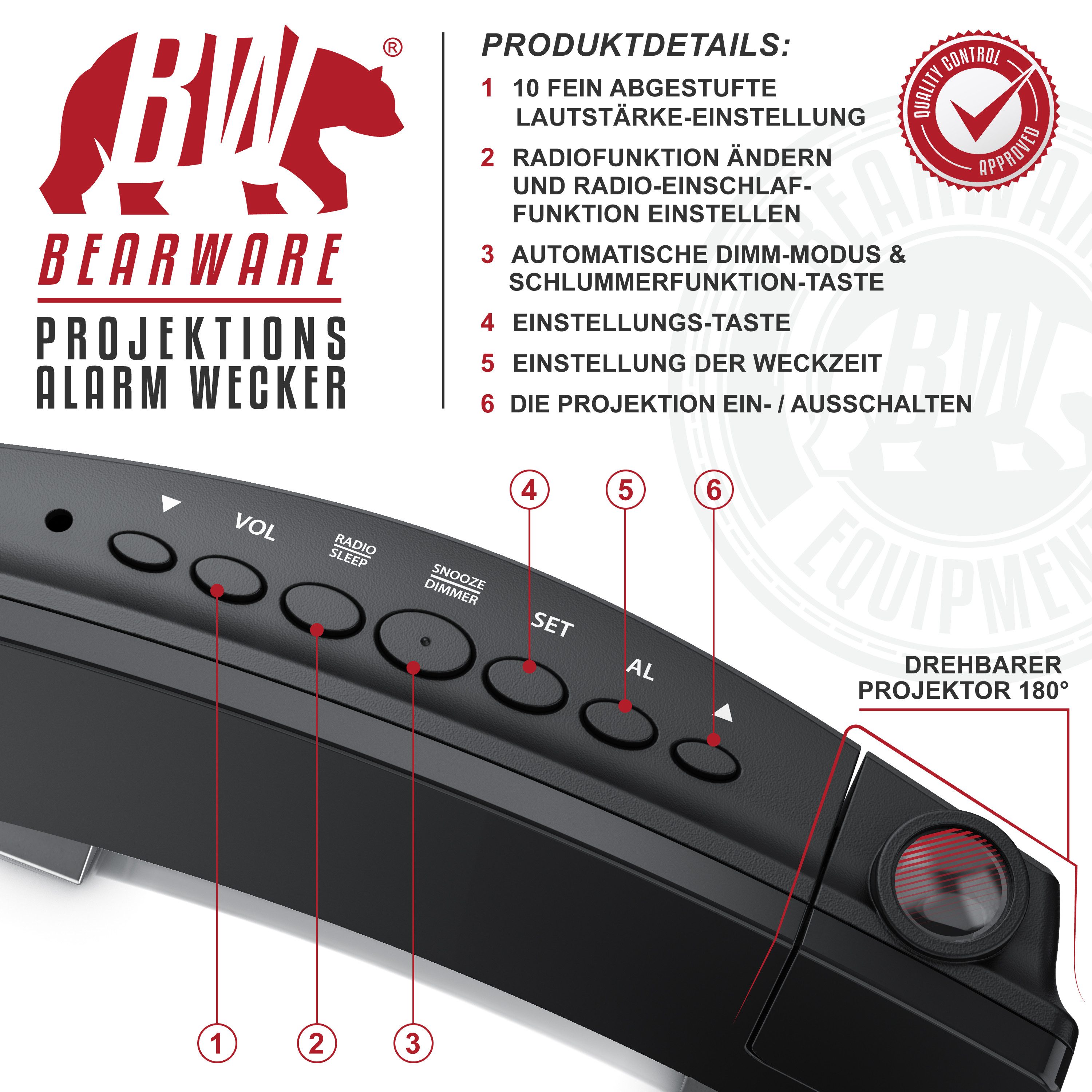 Brandson Projektionswecker Dimmer, 15 FM Radiospeicher, große blaue Ziffern, Snooze 5-60 min. Projektions Radio Wecker digital, 7 Tasten, 2 Weckalarme, USB Kabel