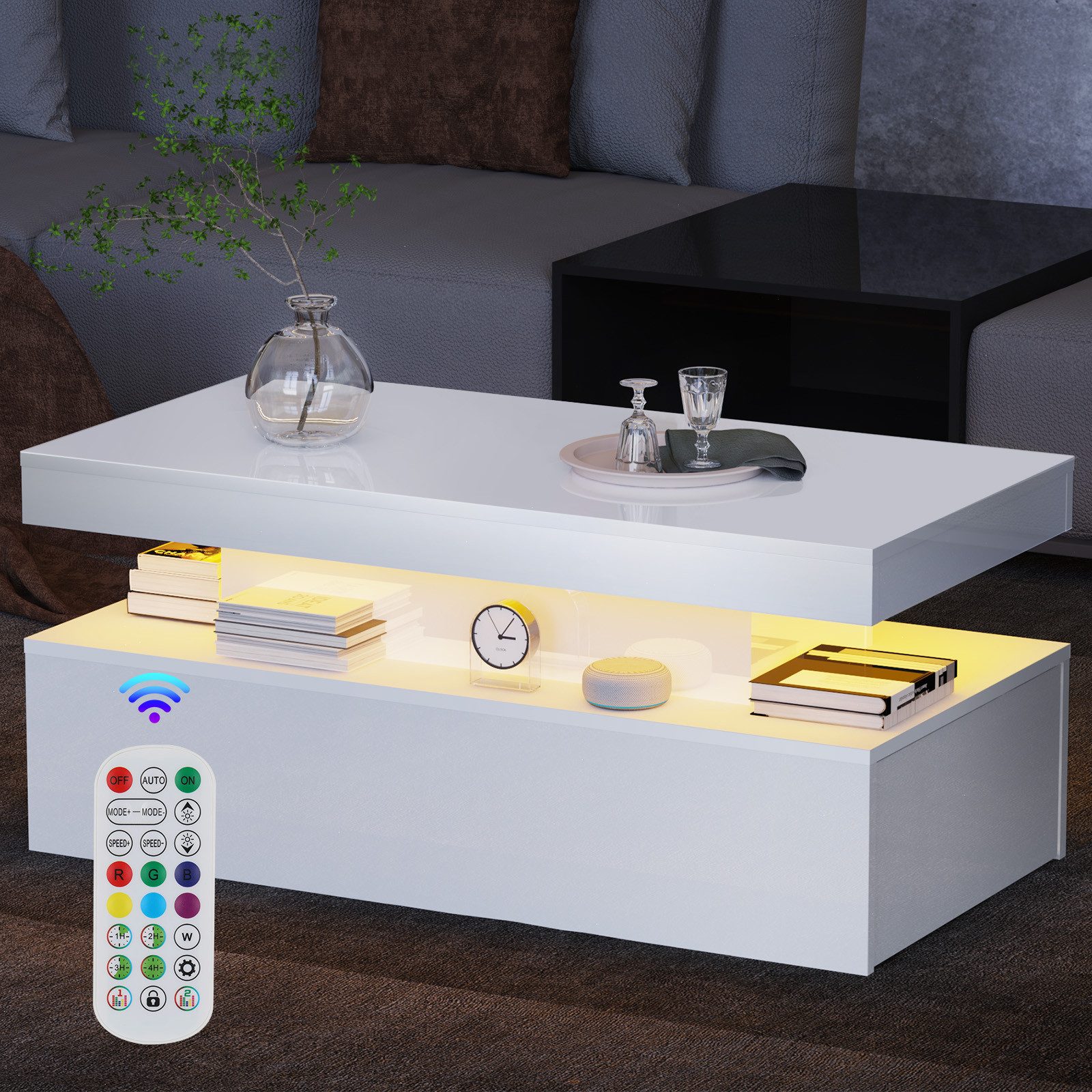 oyajia Couchtisch Wohnzimmertisch Hochglanz mit LED Beleuchtung & Fernsteue günstig online kaufen