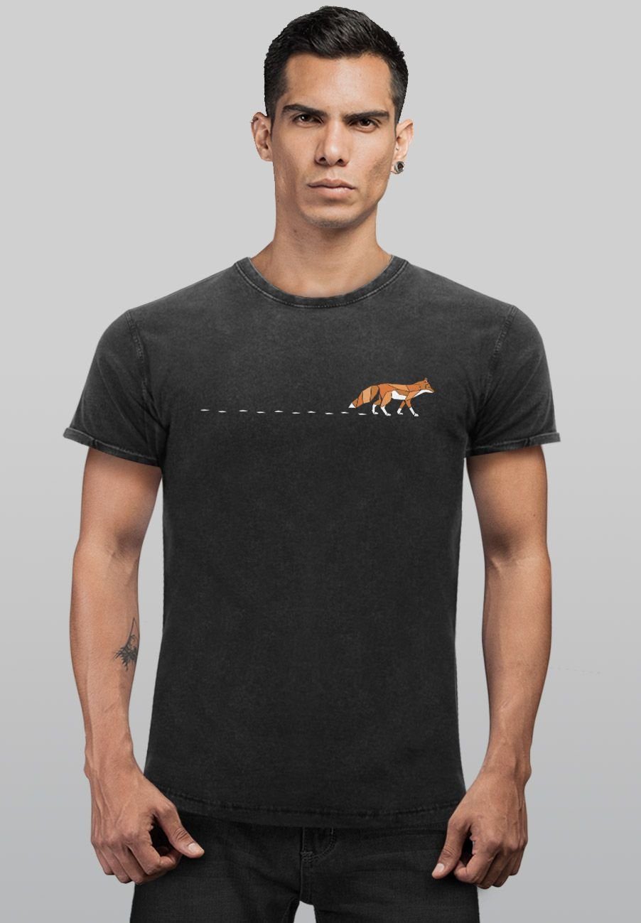Neverless Print-Shirt Herren T-Shirt Print Badge Wald Logo Tiermotiv Print Vintage Fashi Fox mit schwarz Fuchs
