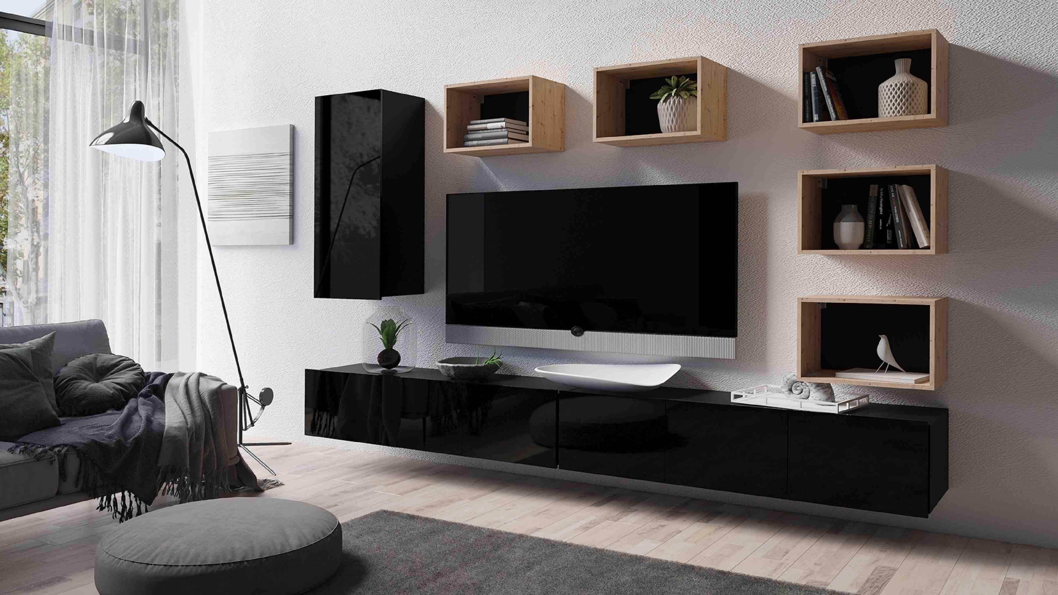 Furnix Möbelwand 8 Mediawand inklusive teilig, 300 hängend Segment cm stehend- Wohnwand Hochglanz, aus Stellfüße PUNE37 unteres Metall oder