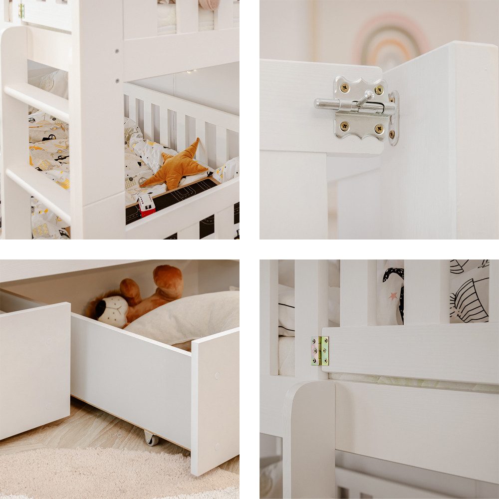 Lomadox Kinderbett KANGRU-162, Kiefer weiß, Bett 2 Liegefläche umbaubar zu günstig online kaufen