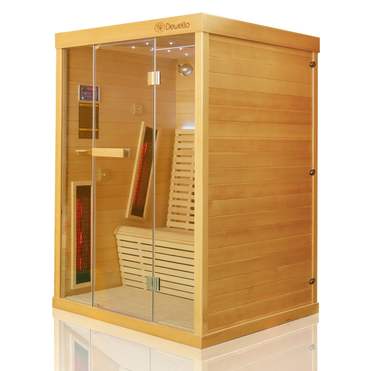 Dewello Infrarotkabine PALERMO 135 Wärmekabine, bis 1-2 Personen, 6 Vollspektrumstrahler, BxTxH: 135 x 120 x 190 cm, (LED-Farblichttherapie inkl. Ionisator mit Ozondesinfektion und Aromatherapie, inkl. Ionisator mit Ozondesinfektion und Aromatherapie, Bluetooth & FM) Sauna aus Hemlock, leichter Aufbau dank Stecksystem