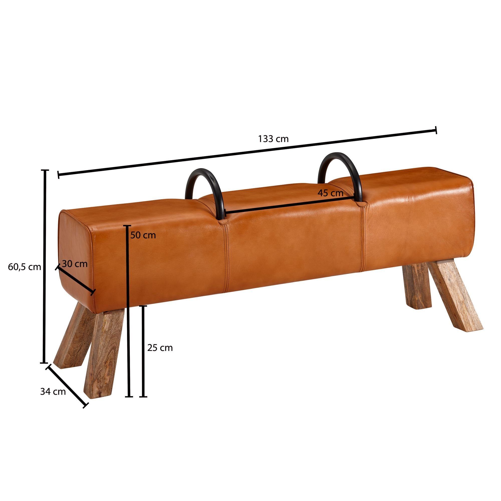 Echtleder Modern / Turnbank mit Springbock / cm, 133x60,5x34 möbelando cm Sitzbank 133x60,5x34 Sitzhocker Sitzbank Gepolstert Massivholz Sitzbank Leder Lederhocker Echtleder Griffen, Massivholz Turnbock,