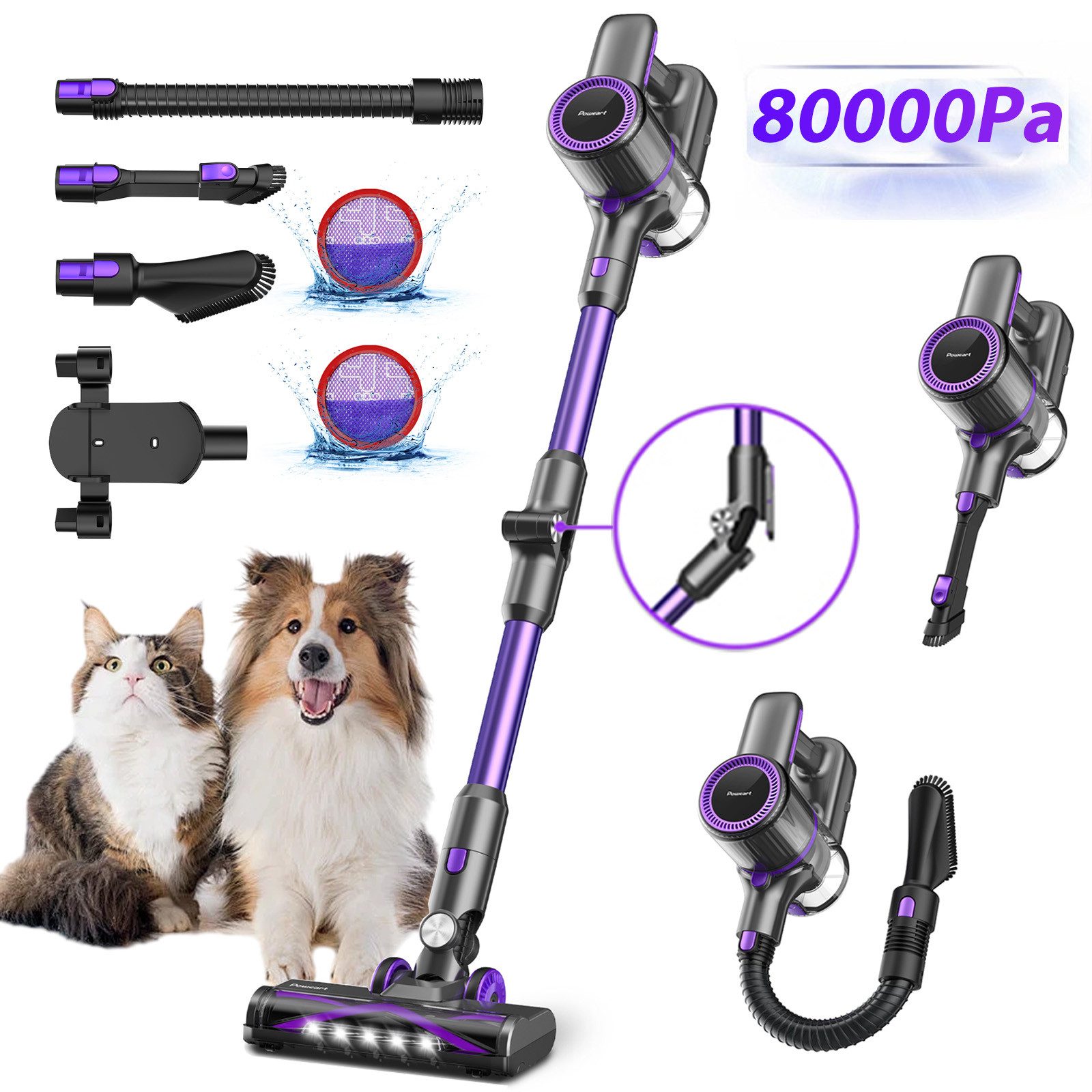 POWEART Akku-Hand-und Stielstaubsauger Akku Staubsauger 80000Pa/60 Min/1,8 L Staubsauger Kabellos, mit Beutel, 50dB leise/6-Stufen-Filter/LED Display, Ideal für Böden/Teppiche/Auto