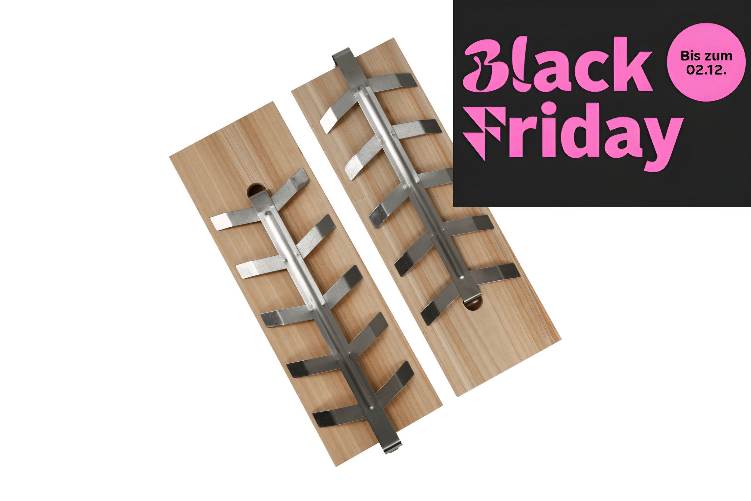Meateor Räucherbrett BLACK FRIDAY ANGEBOT Lachsplanke, Lachsbrett, Flammlachsbrett 2er-Set, (Set, 2-St., 2x Lachsbrett mit Halterung), Edelstahl Halterung, passend zu vielen handelsüblichen Grills
