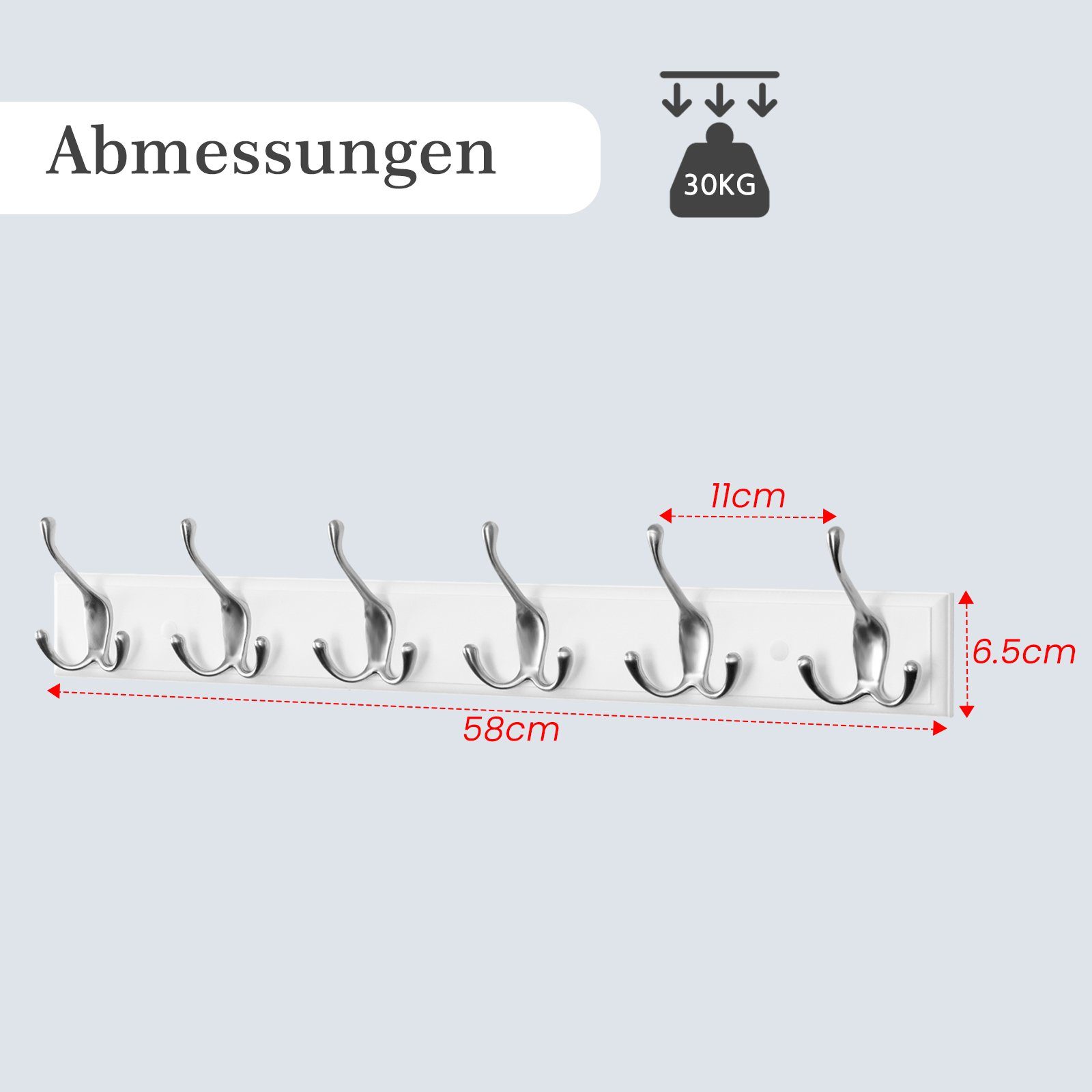 EUGAD Garderobenhaken (1 St), Kleiderhaken Wand, mit 6 Dreifachhaken, Weiß, silbern