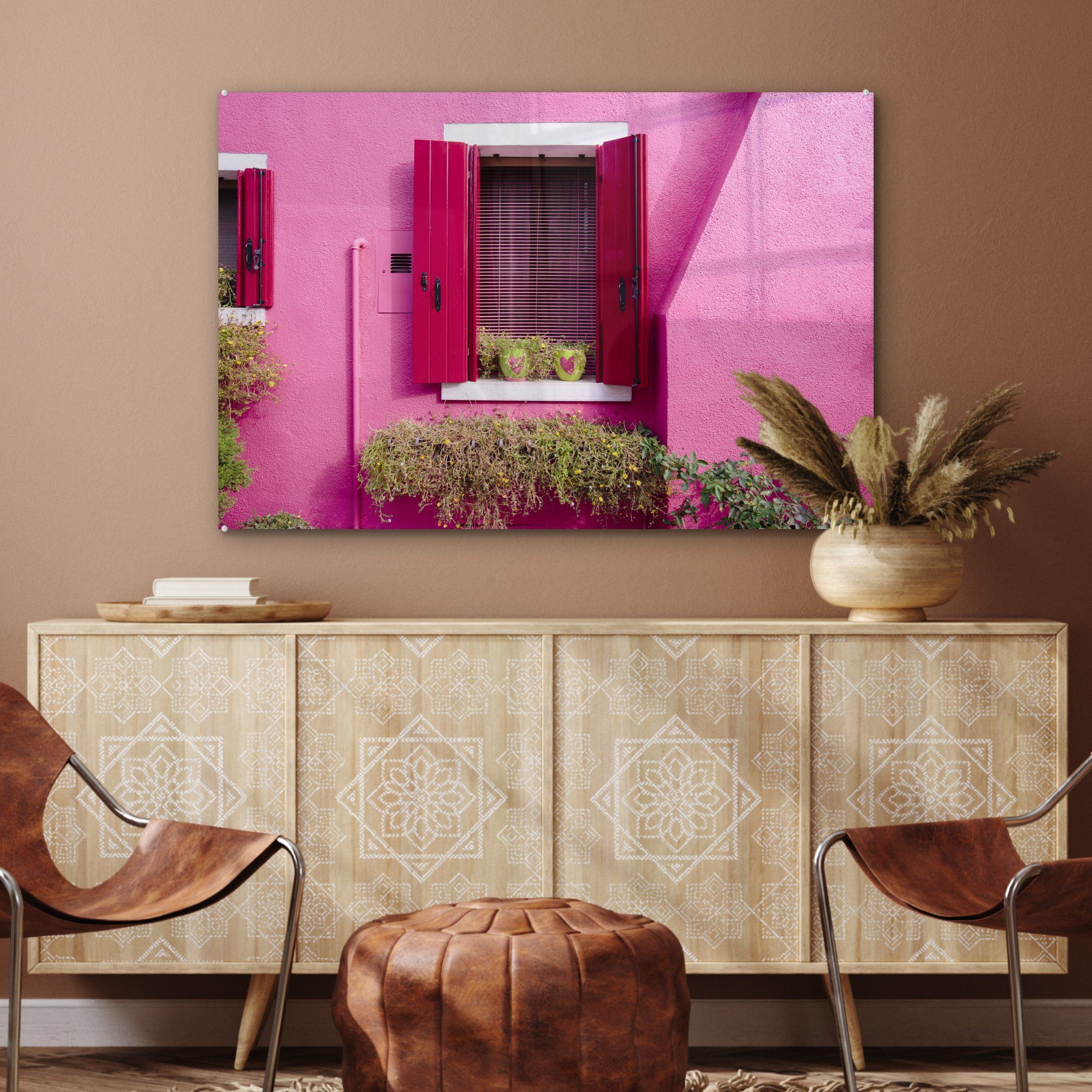 rosa Fensterläden, Schlafzimmer & mit Wohnzimmer einem St), in Fenster MuchoWow Herzen Blumentöpfe Acrylglasbilder Acrylglasbild mit (1