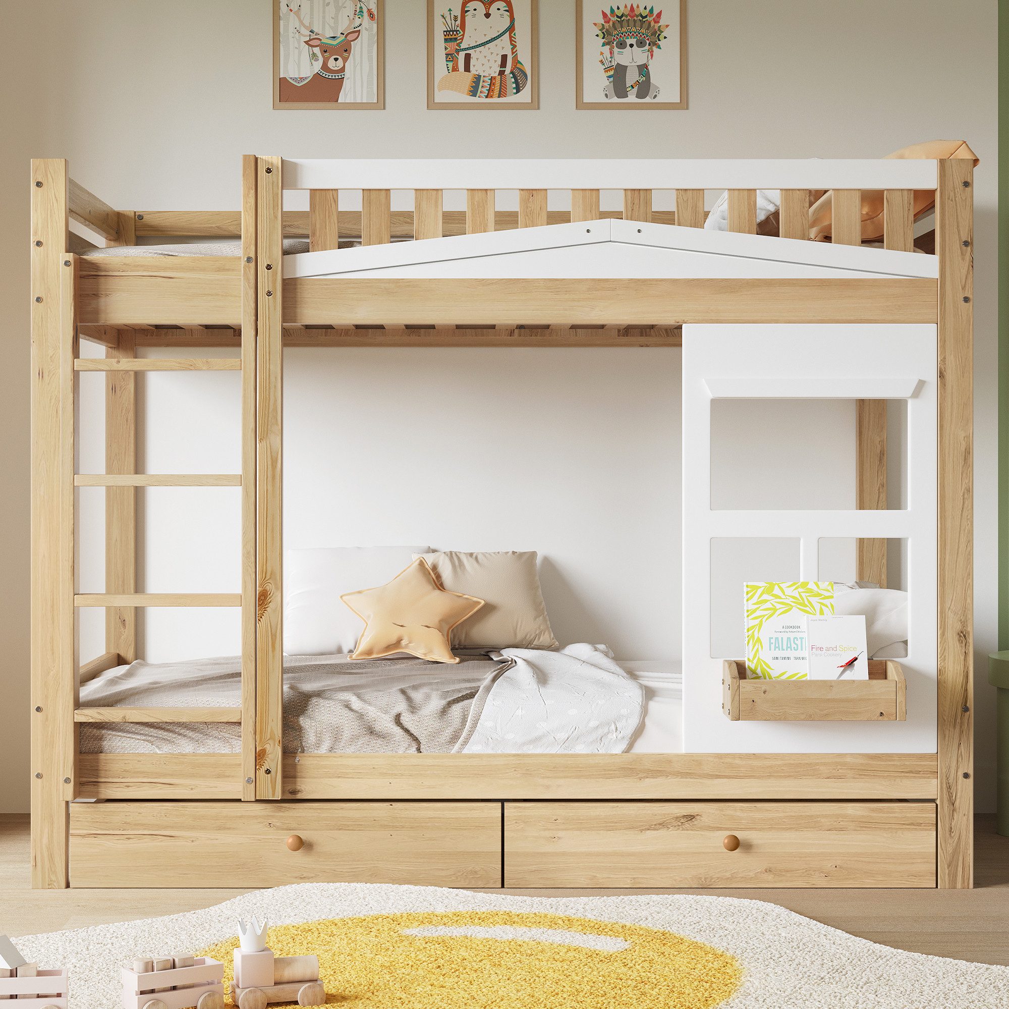 Flieks Etagenbett, Kinderbett Fenster-Design 90x200cm mit Leiter und 2 Schu günstig online kaufen