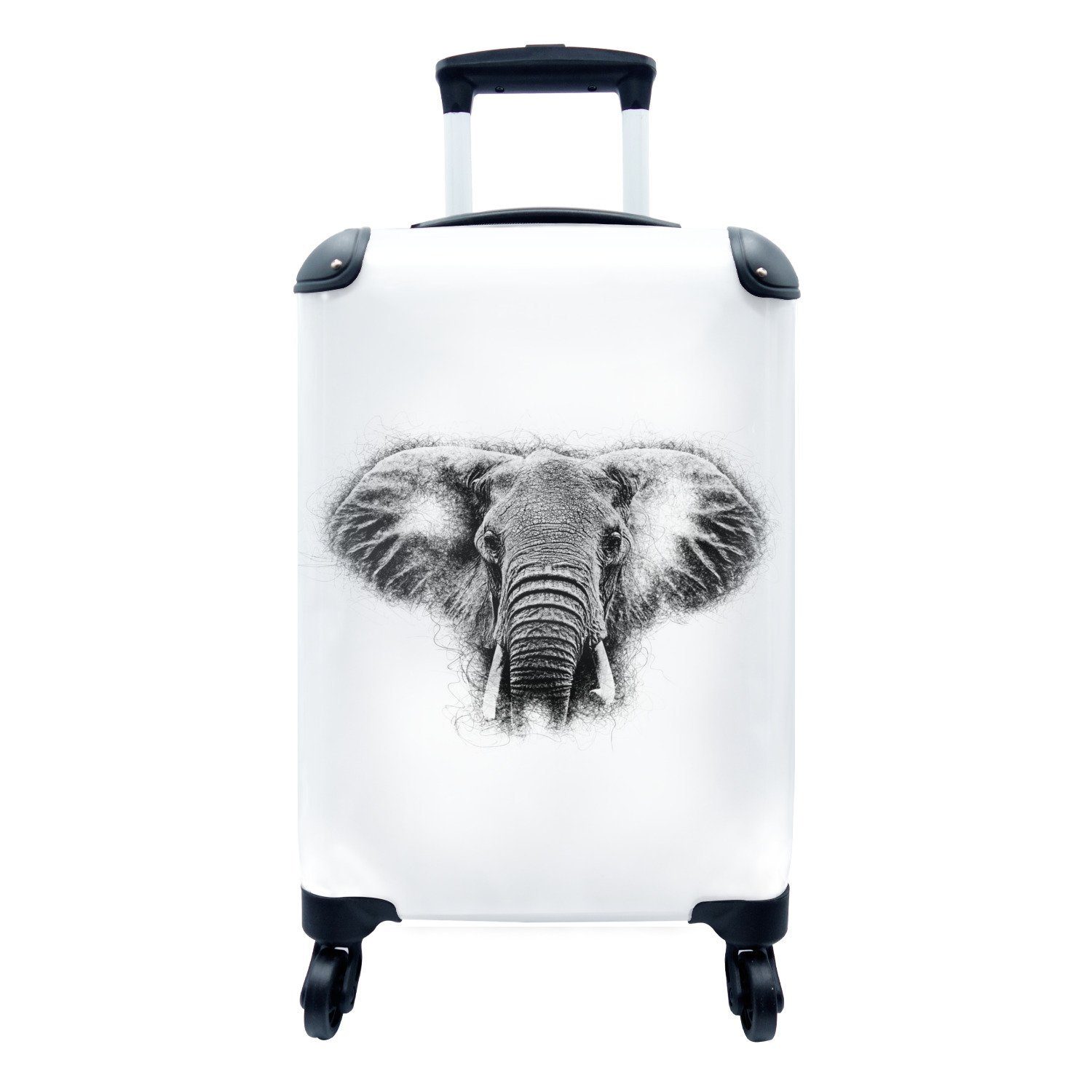 MuchoWow Handgepäckkoffer Elefant - Schwarz - Weiß - Tasse, 4 Rollen, Reisetasche mit rollen, Handgepäck für Ferien, Trolley, Reisekoffer
