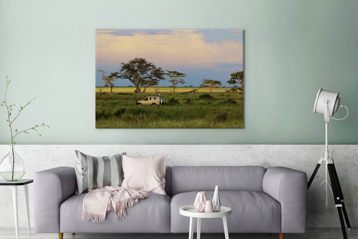 in Leinwandbild (1 großes, St), Serengeti-Nationalpark cm Afrika, Gemälde, Safari-Auto für OneMillionCanvasses® Wandbild 120x80 alle XXL, durch Wohnbereiche, den im Fahrt