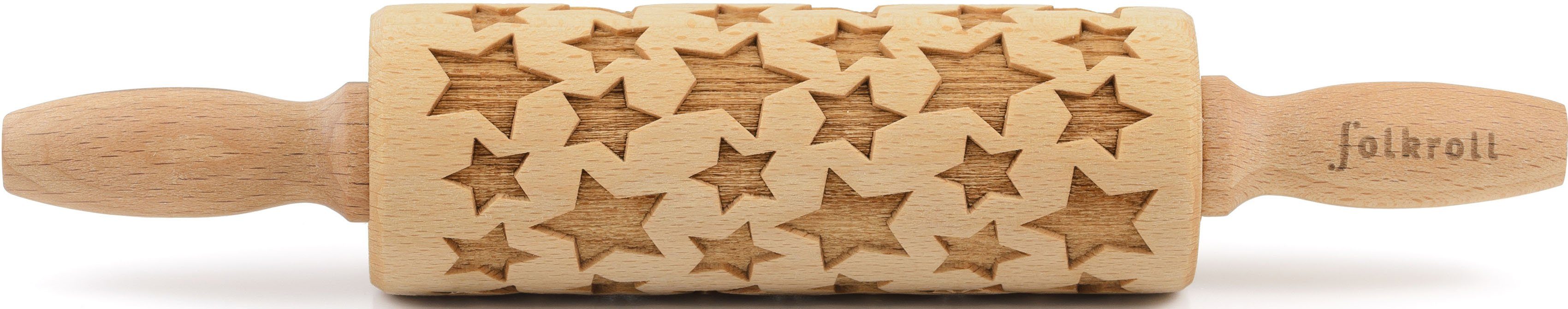 folkroll Teigroller 3D-Motiv-Teigrolle Massivholz, Sterne