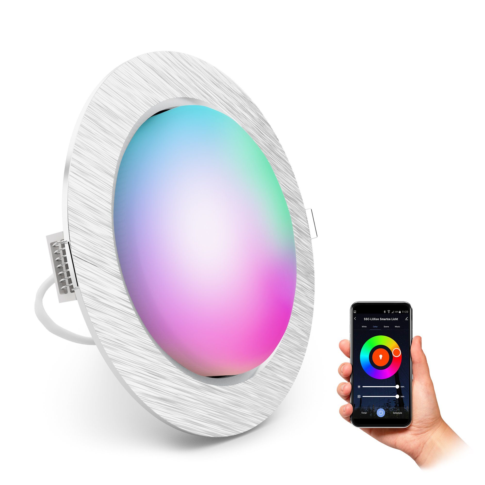 SSC-LUXon LED Einbaustrahler RX-3 flache Einbauleuchte silber mit Smart RGB WiFi LED dimmbar 6W, RGB & Weißtöne