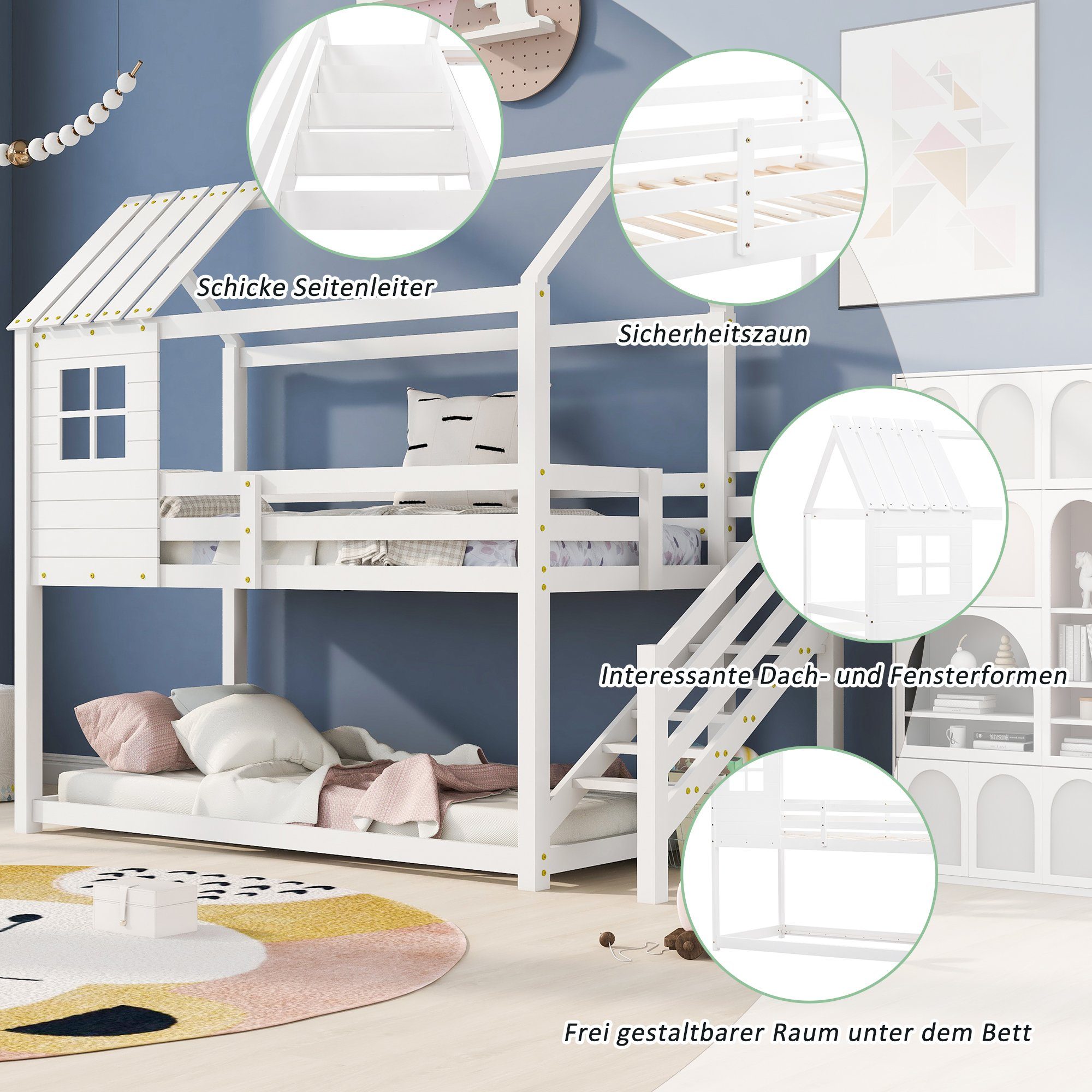 Etagenbett (Hochbett Hausbett Spielbett mit Treppe, Fallschutz und Lattenrost), Kinderbett Stockbett 90x200 cm, Kiefer, Ohne Matratze, Weiß