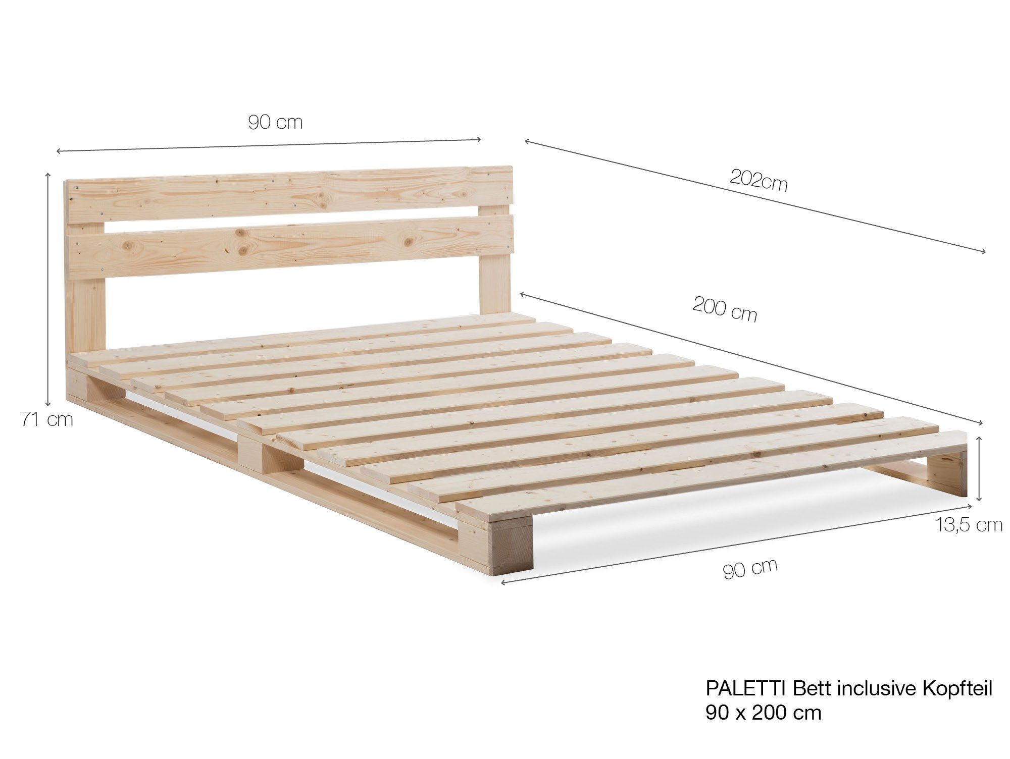 Moebel-Eins Massivholzbett, PALETTI Massivholzbett / Palettenbett inklusive Kopfteil