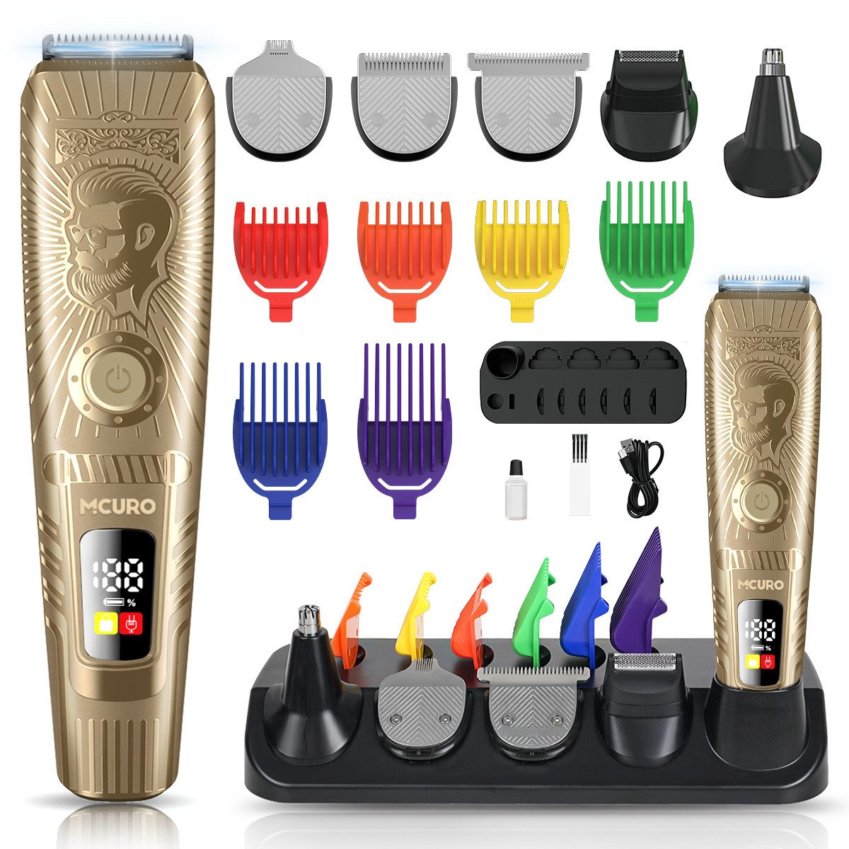 MCURO Haarschneider Haarschneidemaschine Profi Set 5-in-1 Barttrimmer Herren, Haar- und Bartschneider,Nasenhaartrimmer Präzisionstrimmer, Haarschneider mit 6 Begrenzungskamm,150 Min Akku,LED-Anzeige