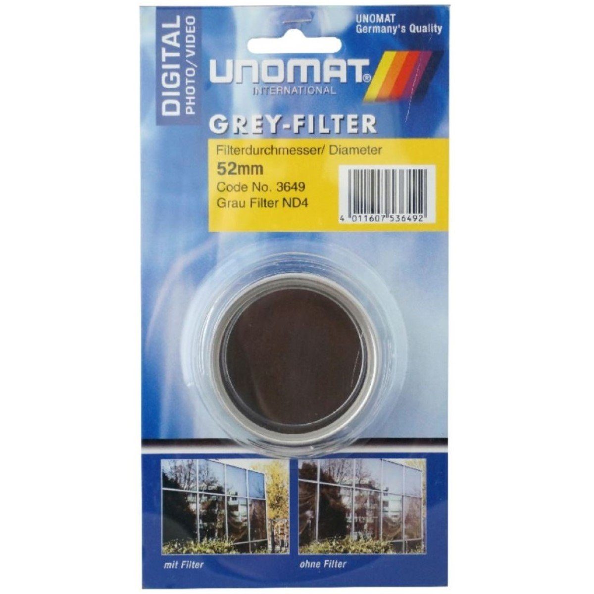 Unomat Grau-Filter ND4 52mm Silber 4x = 2 Objektivzubehör (Graufilter Digital, verhindert Überbelichtung, für Kamera etc)