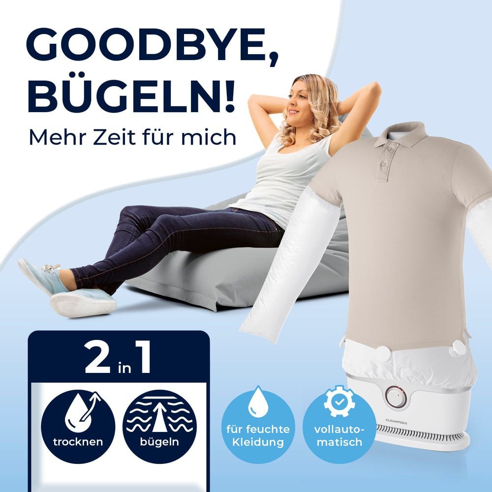 CLEANmaxx Bügelsystem Bügler für Hemden & Blusen in Weiß/Silber, 1800 W, Bügeleisen Bügelstation Hemd & Blusenbügler schnell trocken & gebügelt
