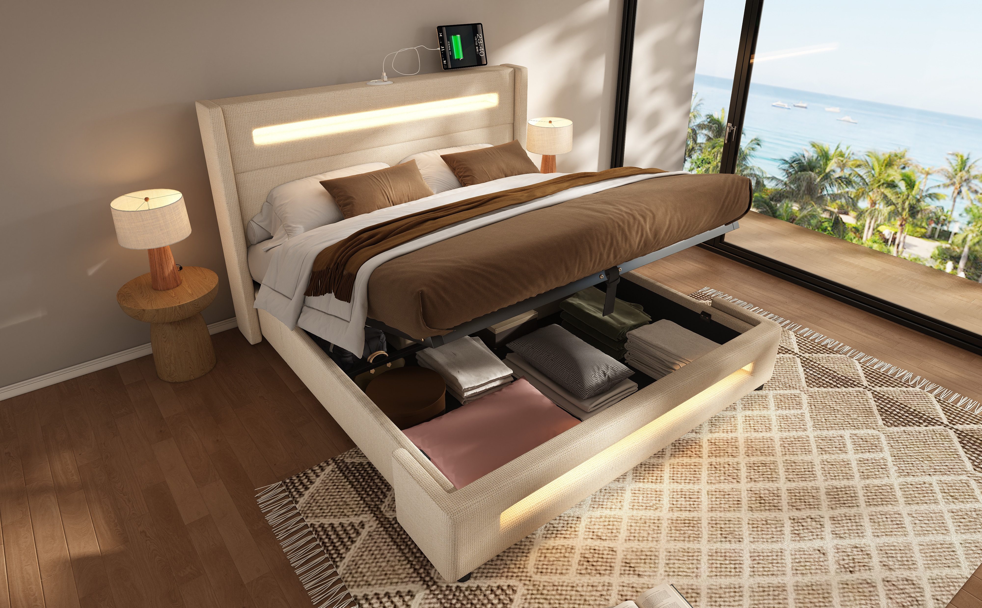 BlingBin Einzelbett Polsterbett Jugendbett (1-tlg., Jugendbett mit LED, hydraulischem Stauraum und USB Type-C Aufladen), 180x200 cm, mit Holzlatten, Leinen, ohne Matratze