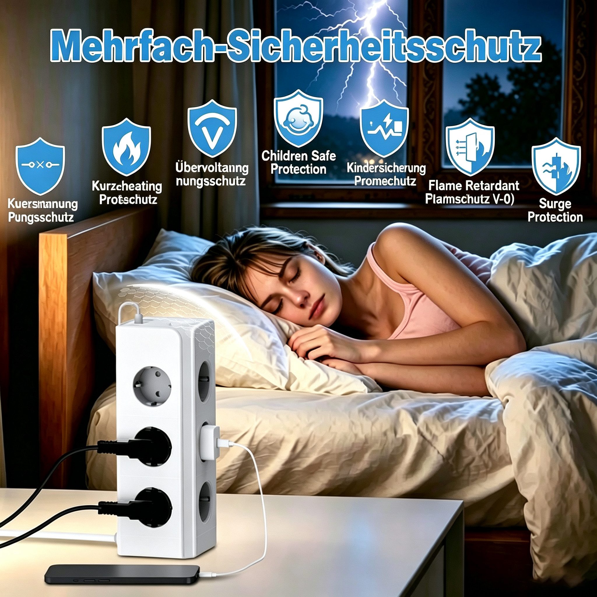 ibettertec 12 Fach Mehrfachsteckdose mit 4 USB Steckdosenturm Steckdosenleiste Steckdosenleiste 12-fach (Ein-/Ausschalter, USB-Anschlüsse, Schutzkontaktkupplung – Bild 4 von 5