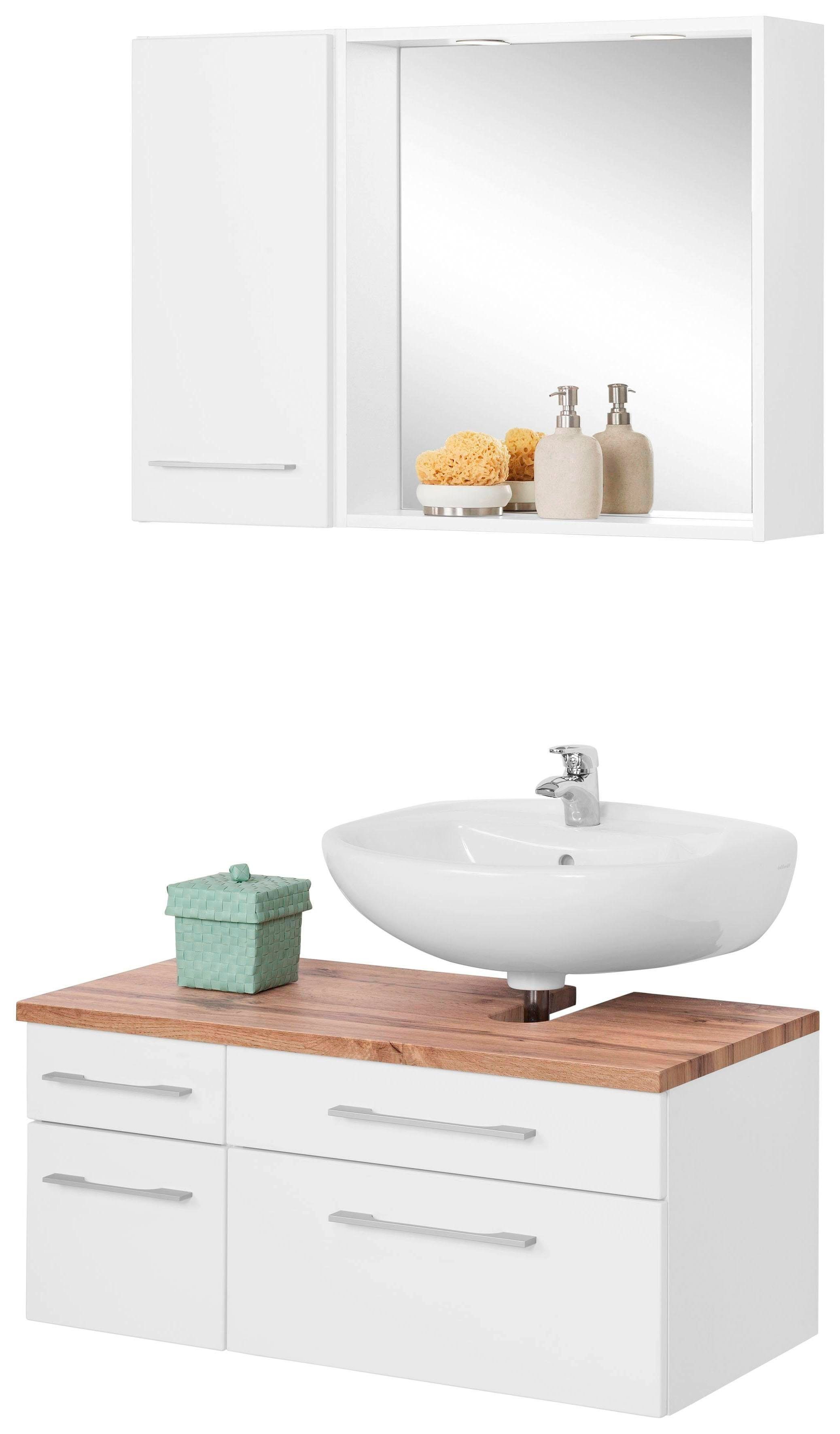 welltime Badmöbel-Set Davos, (3-St), inklusive Beleuchtung, Hängeschrank und Waschbeckenunterschrank