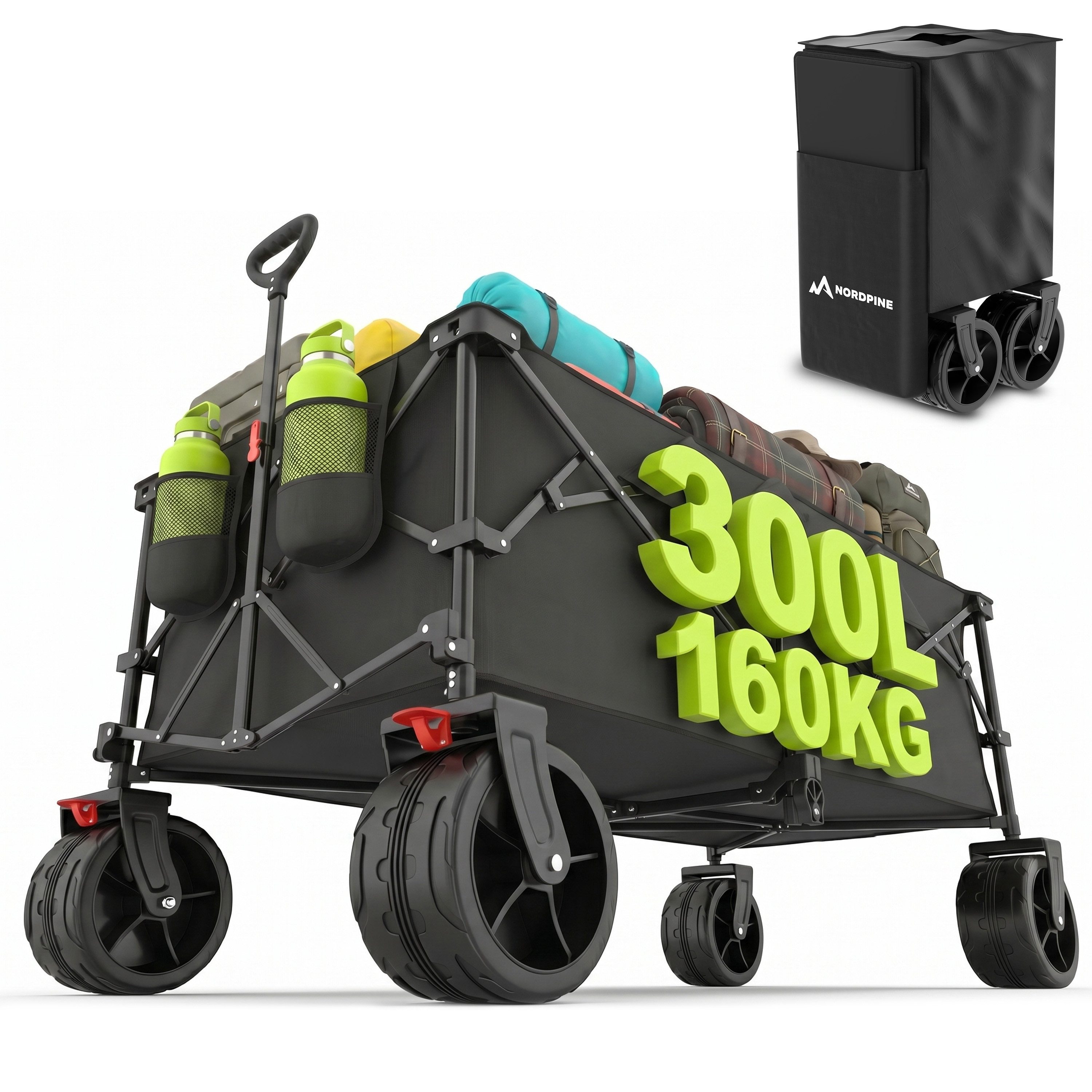 NEOLYMP Bollerwagen Bollerwagen faltbar in 200 oder 300 L bis 200 kg mit Bremse, Höhenverstellbarer Teleskopgriff und Feststellbremse