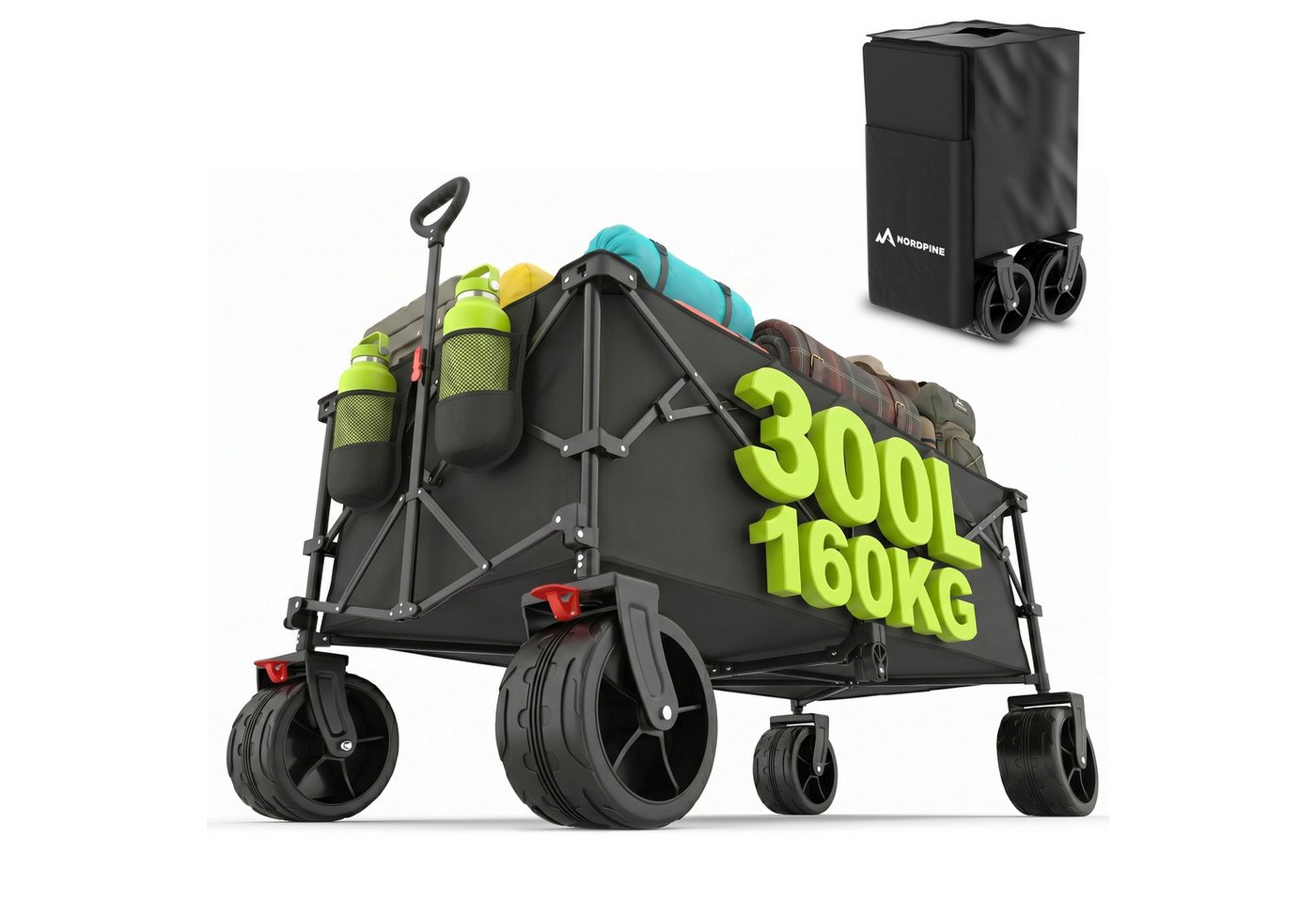 NEOLYMP Bollerwagen Bollerwagen faltbar in 200 oder 300 L bis 200 kg mit Bremse, Höhenverstellbarer Teleskopgriff und Feststellbremse