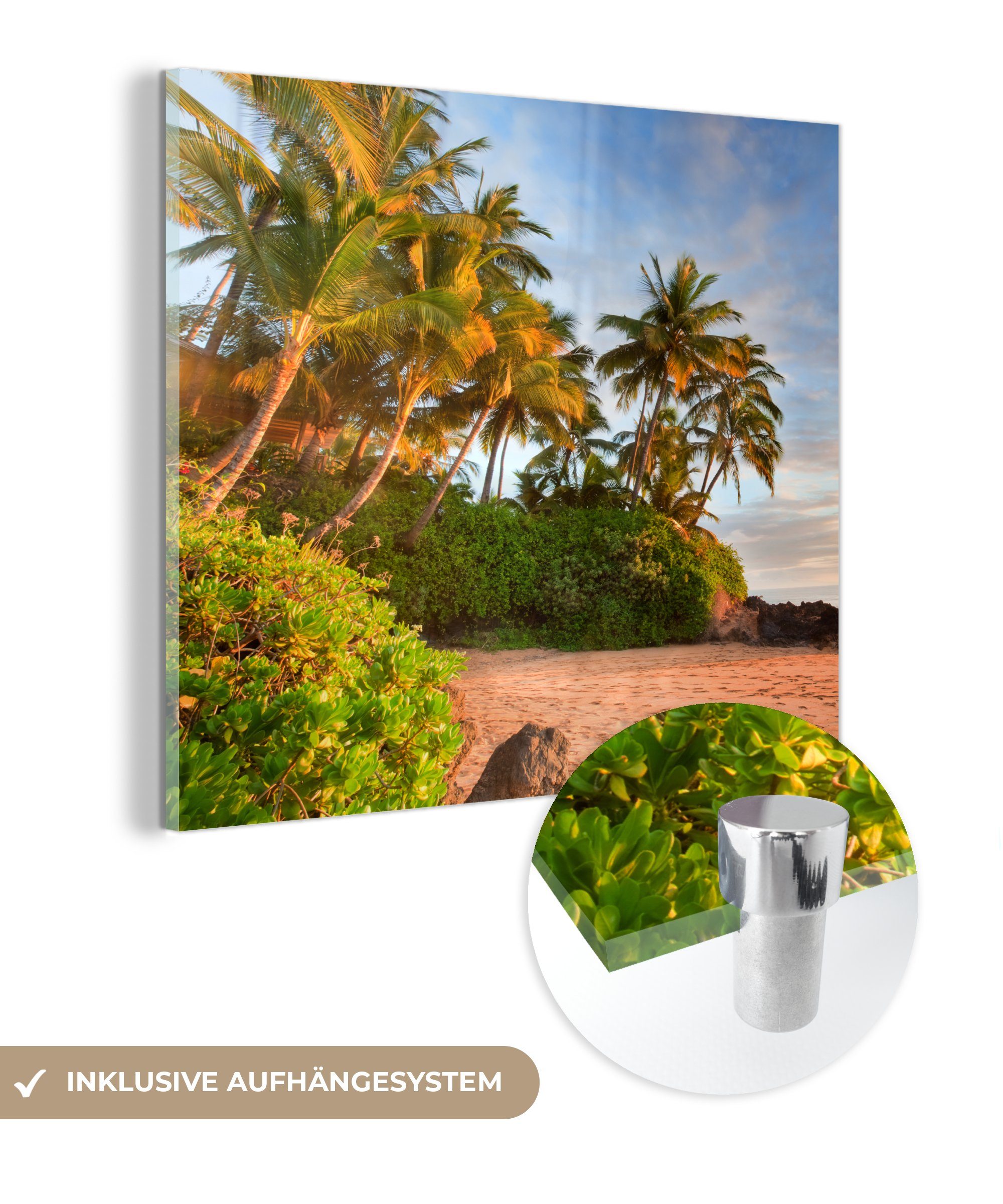 MuchoWow Acrylglasbild Schief hängende Palmen am Strand der amerikanischen Insel Hawaii, (1 St), Glasbilder - Bilder auf Glas Wandbild - Foto auf Glas - Wanddekoration