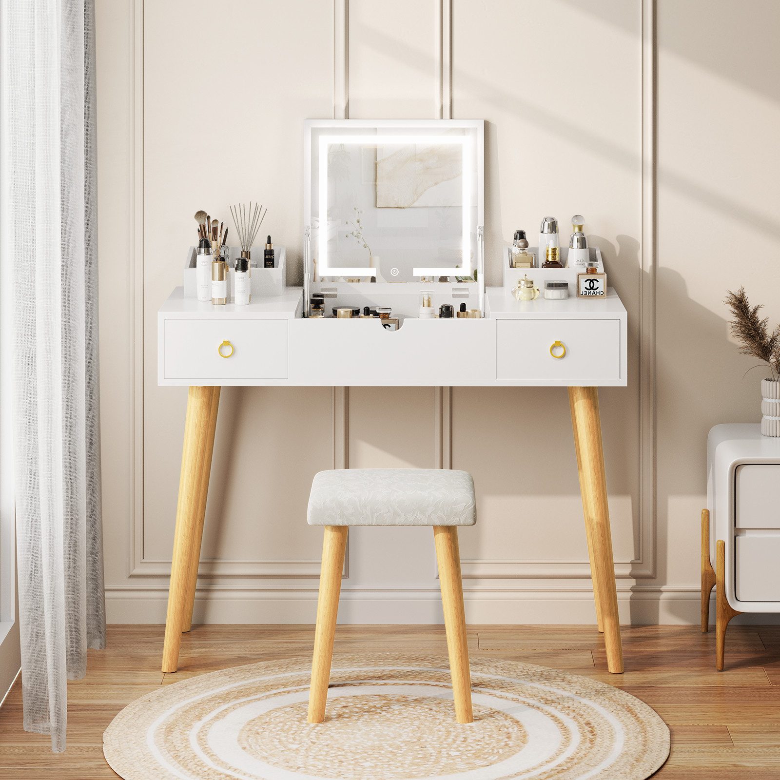 Gywowken Schminktisch 2‑in‑1 mit LED‑Spiegel und Hocker, 100cm, 3‑farbig einstellbares Licht (3‑farbig einstellbares Licht), Breite 100 cm – Bild 5 von 5