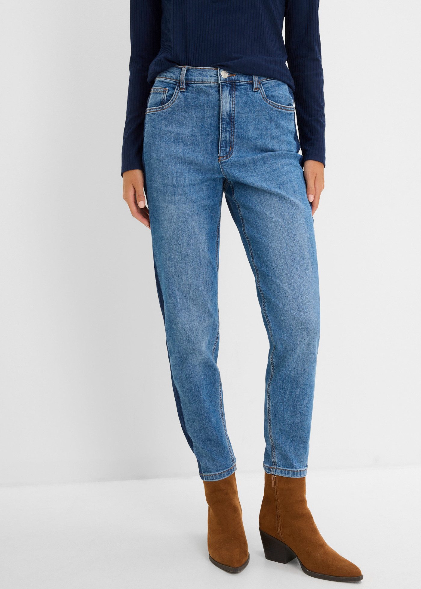 bonprix Mom-Jeans High Waist-Bund, Cropped-Länge, Loose Fit, aus Baumwolle und Elasthan