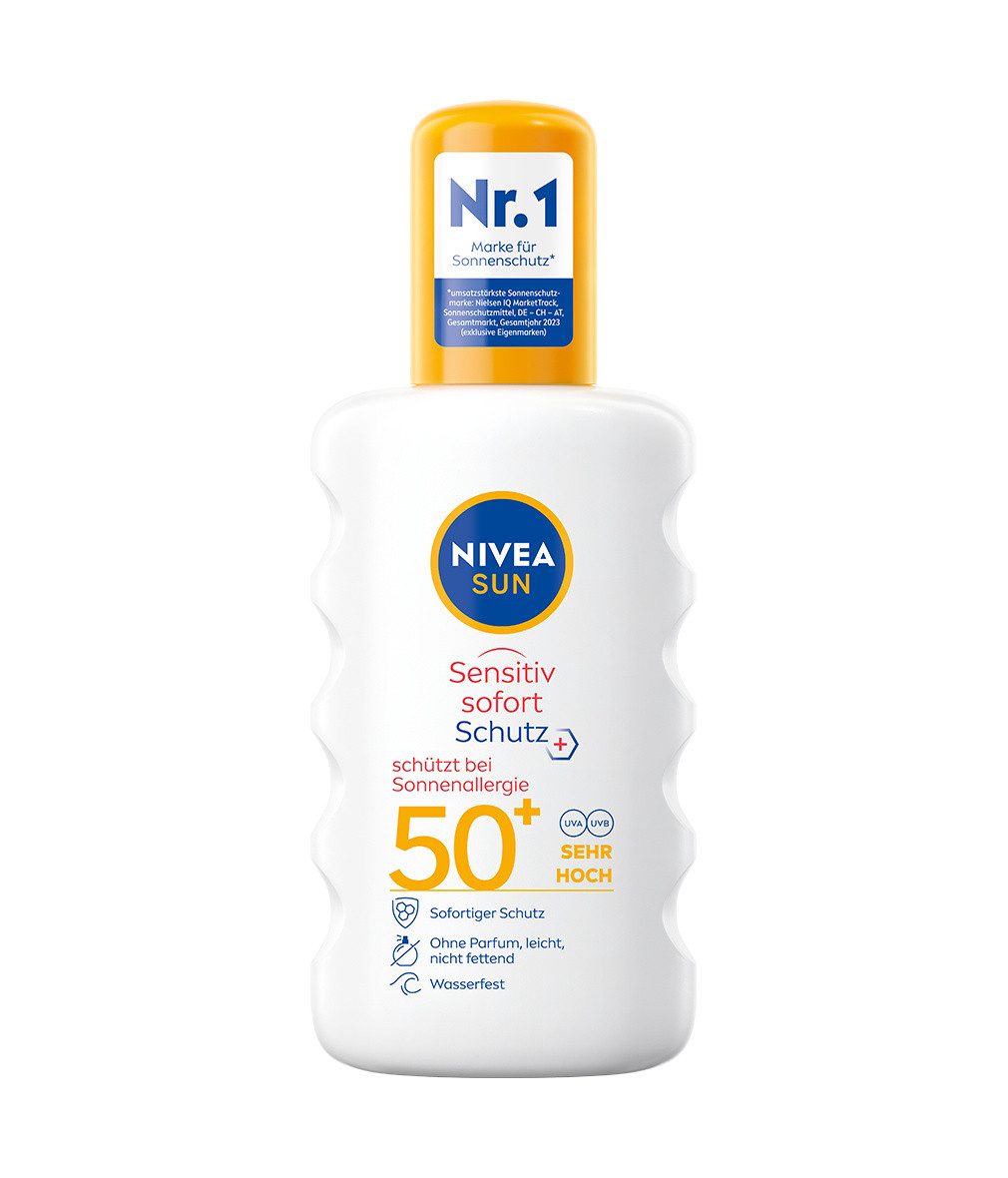 Nivea Sun Sonnenschutzspray SUN Sensitiv sofort Schutz Anti Sonnenallergie Spray LSF 50+ 200ml, Aktive Inhaltsstoffe: Aloe Vera, Licorice Extract, Bio Aloe Vera