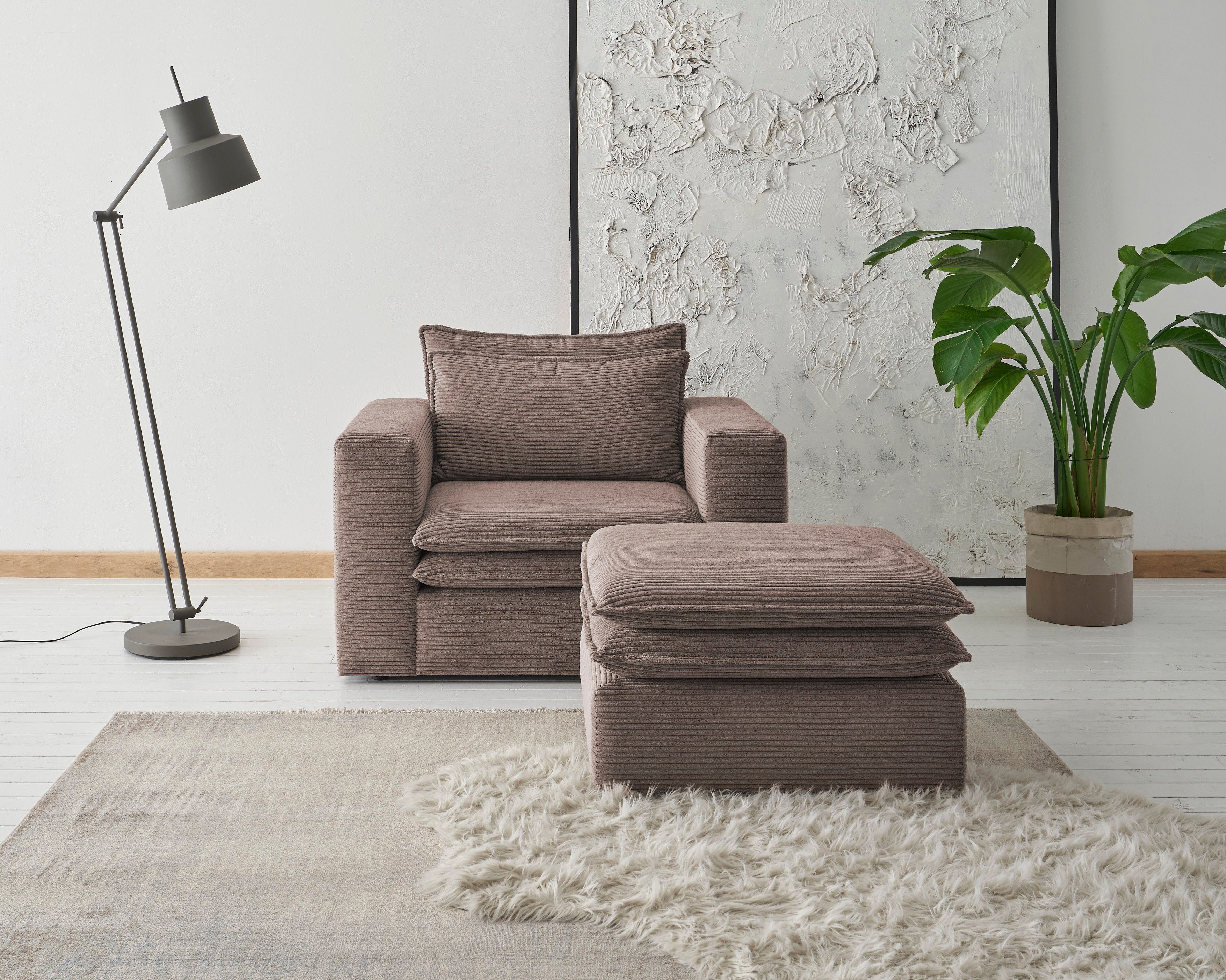 Home affaire Sitzgruppe PIAGGE, (2-tlg), Hochwertiger Cord, Sessel und Hocker klein im Set