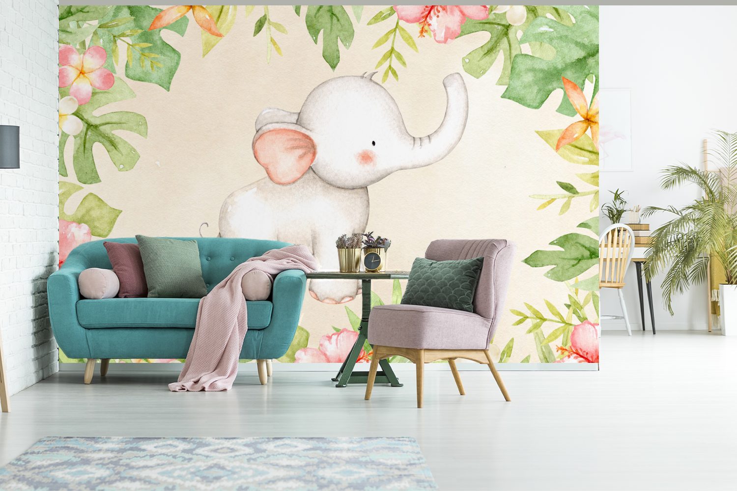 Tapete Fototapete - Wallpaper Elefant - Pflanzen Dschungel, für Kinderzimmer, (6 Schlafzimmer, Matt, - Blumen MuchoWow bedruckt, Vinyl St), Wohnzimmer,