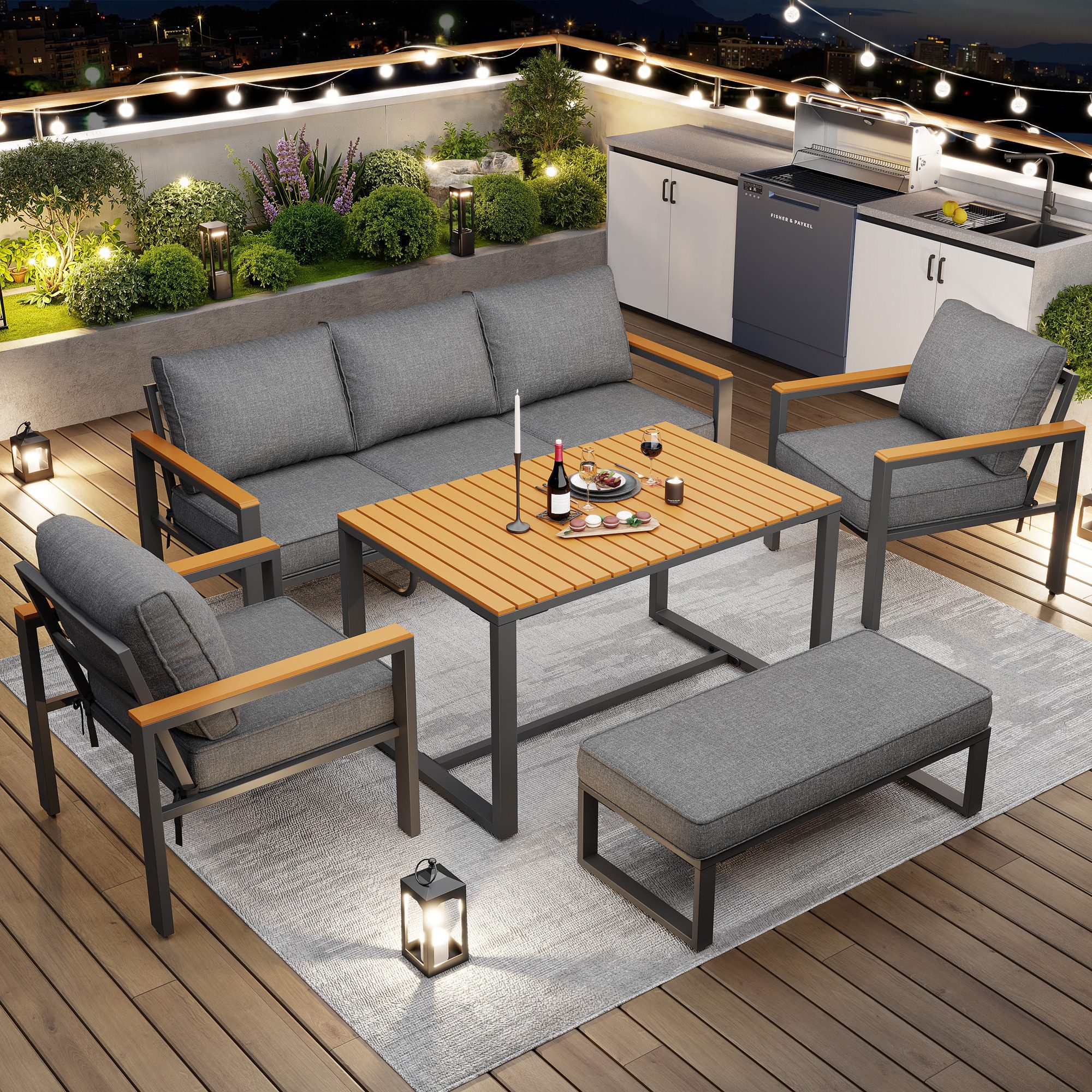 Celya Gartenlounge-Set Gartenlounge-Set mit Gestell aus verzinktem Eisen für 6-7 Personen, (Moderne Gartengarnitur, Gartenmöbel Set für Garten, Balkon, Terrasse), Gartenmöbel, Gartenmöbelset, wetterfest Sitzgruppe Essgruppe