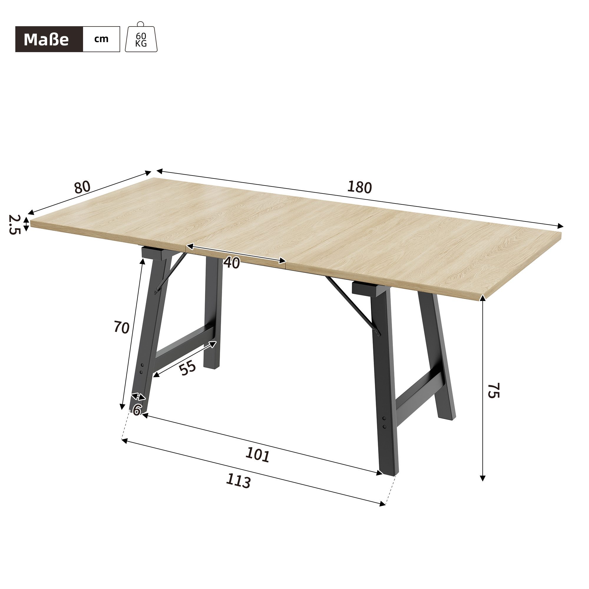 Ulife Esstisch Wohnzimmertisch Küchentisch Teleskop-Esstisch 140/180x80cm, günstig online kaufen